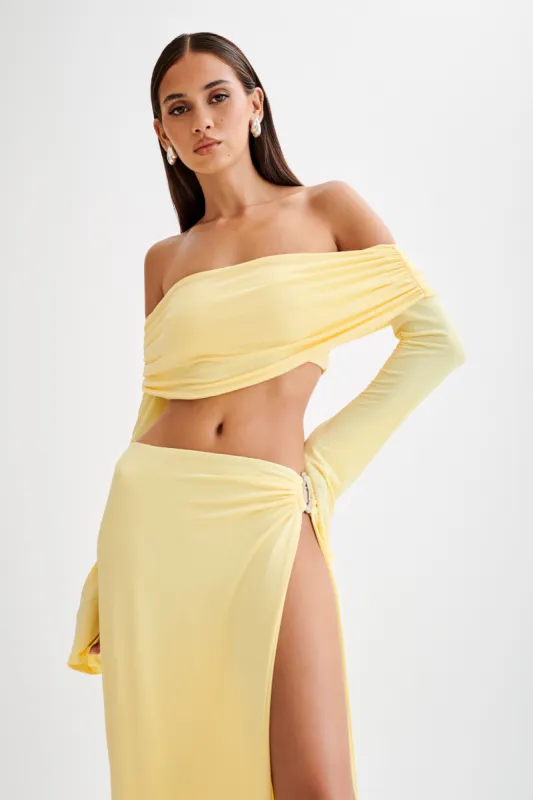 Camryn Slinky Off Shoulder Crop Top - Yellow sold by Meshki