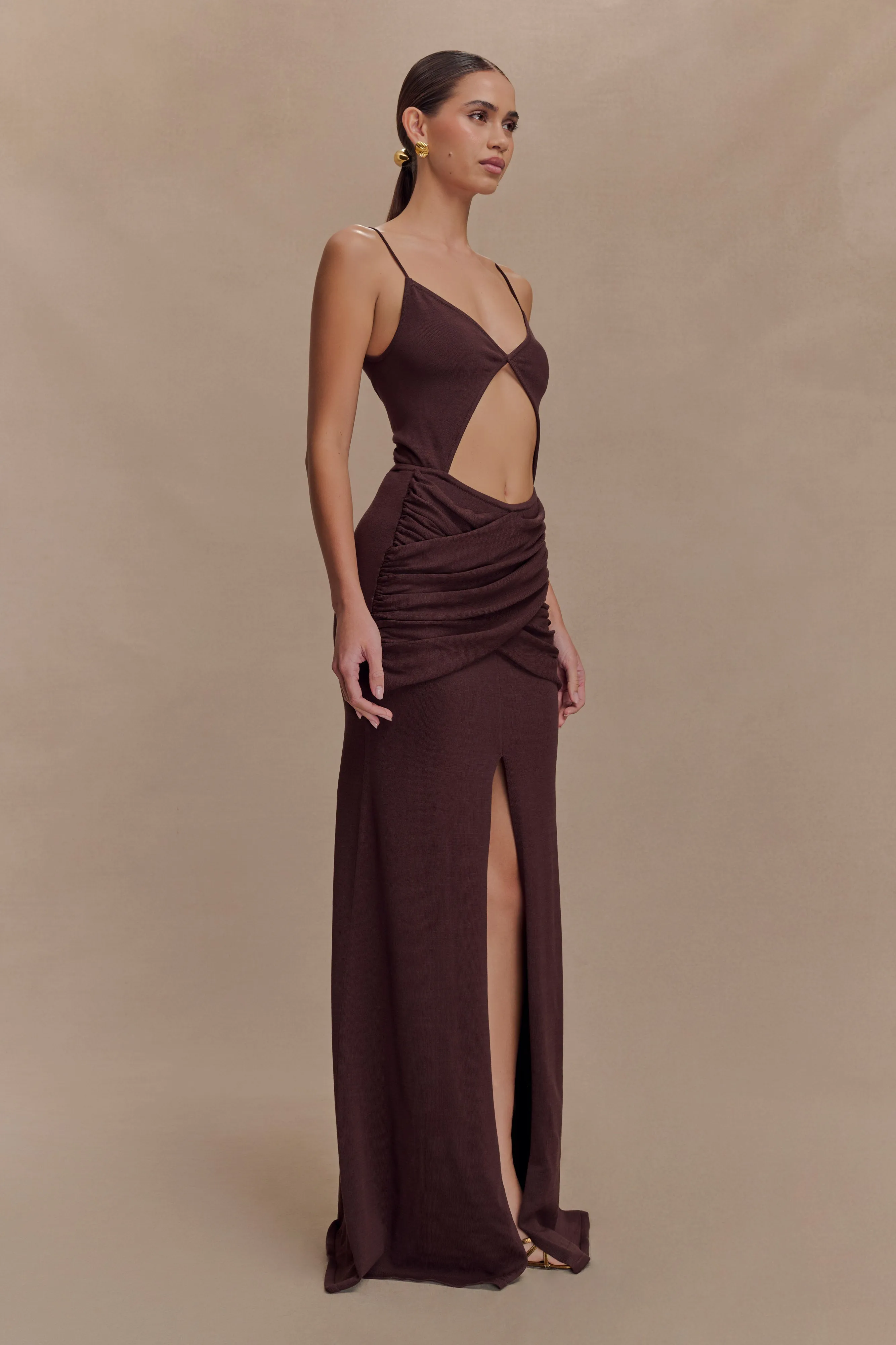 Reama Wrap Over Knit Maxi Dress - Chocolate sold by Meshki product image thumbnail 3