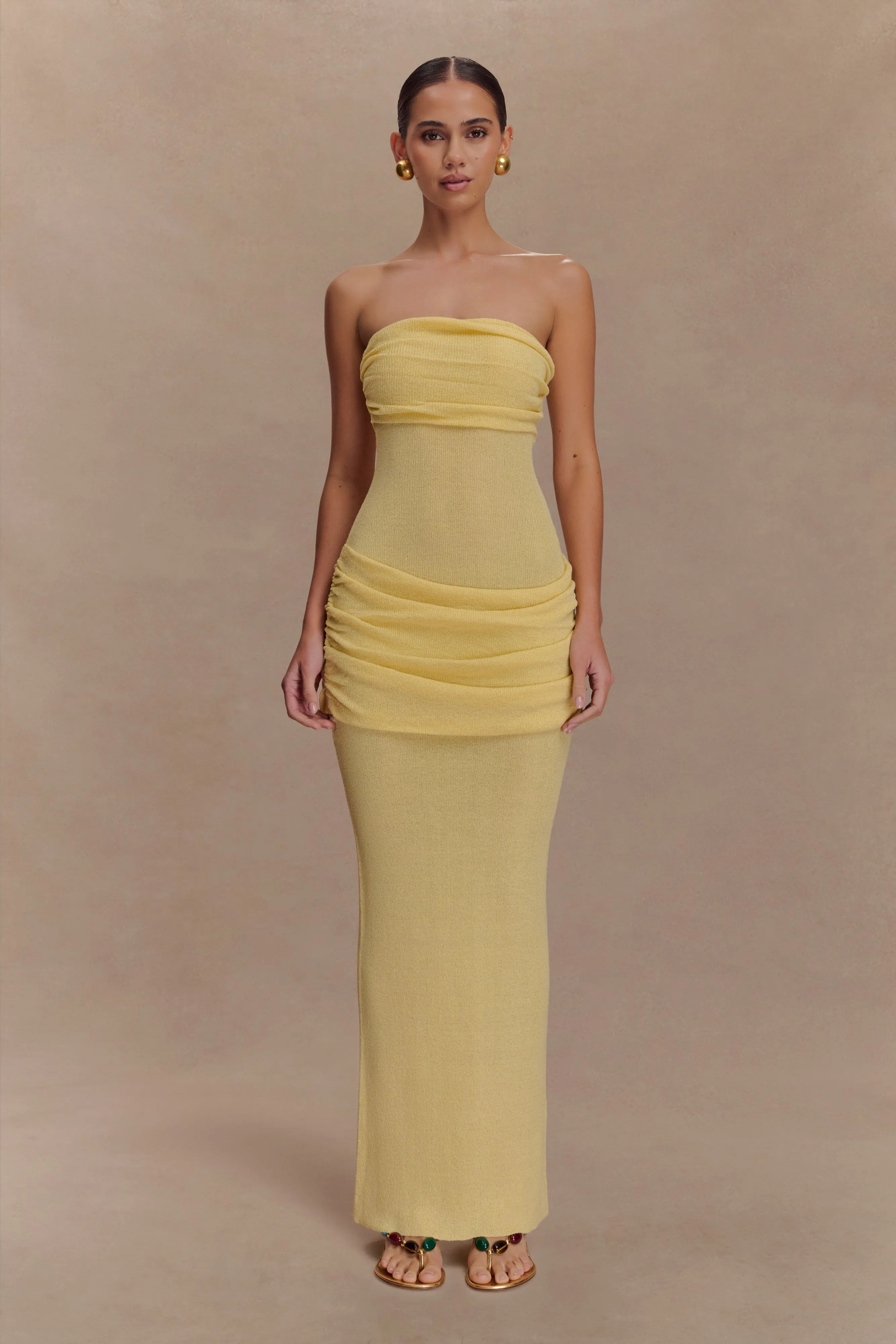 Elora Strapless Knit Maxi Dress - Lemon sold by Meshki
