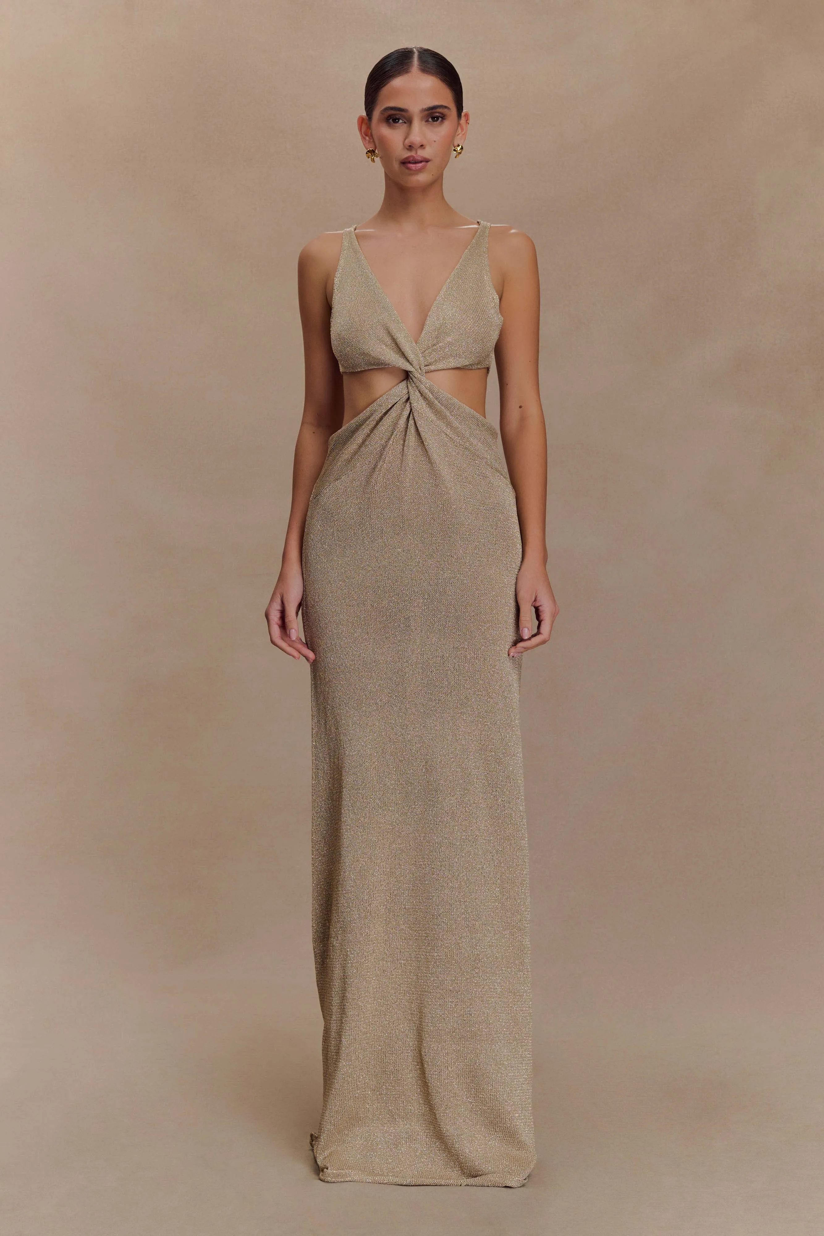 Gracelyn Twisted Metallic Knit Maxi Dress - Gold sold by Meshki