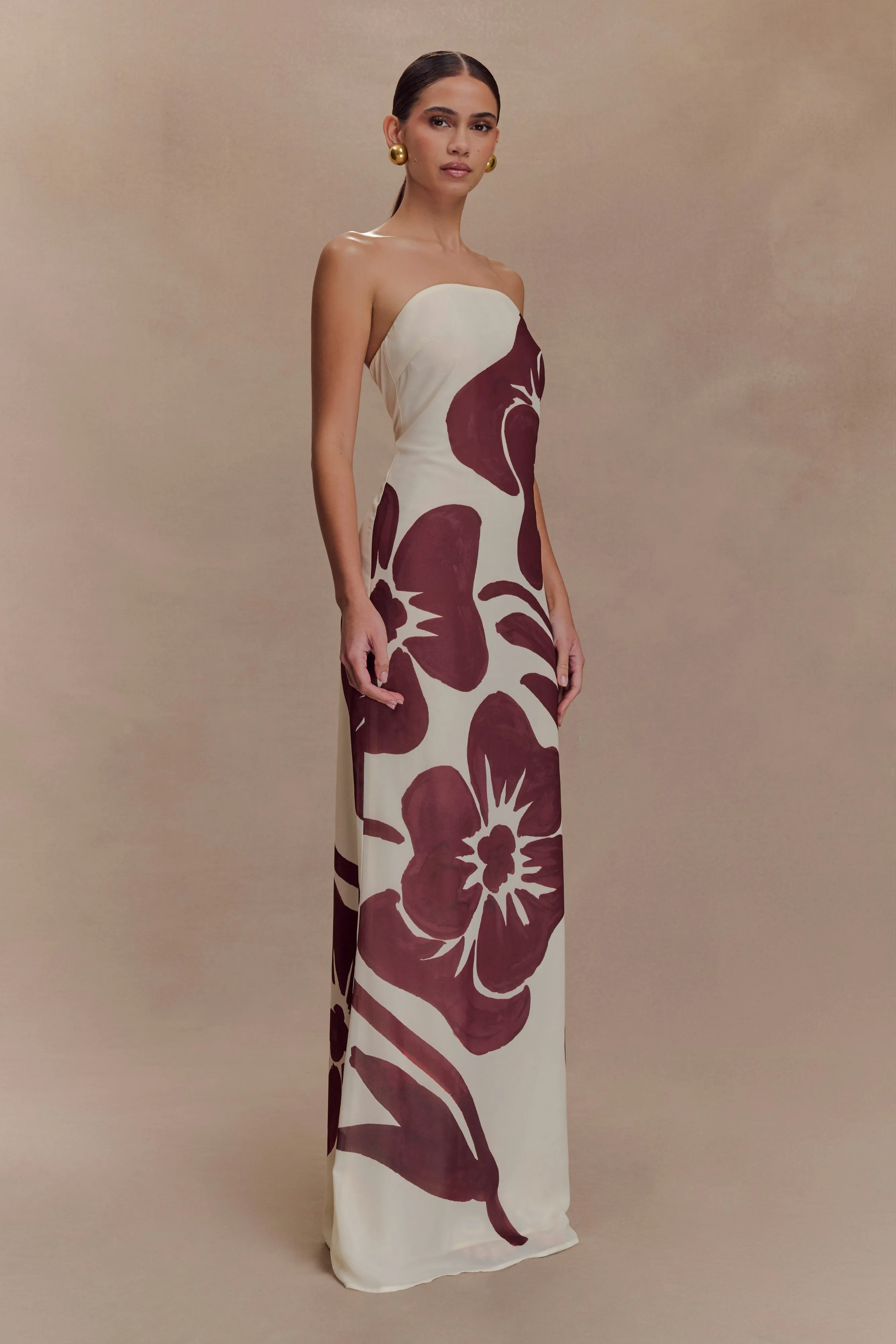Amaya Strapless Chiffon Maxi Dress - Brown Deco Fleur Print sold by Meshki product image thumbnail 4