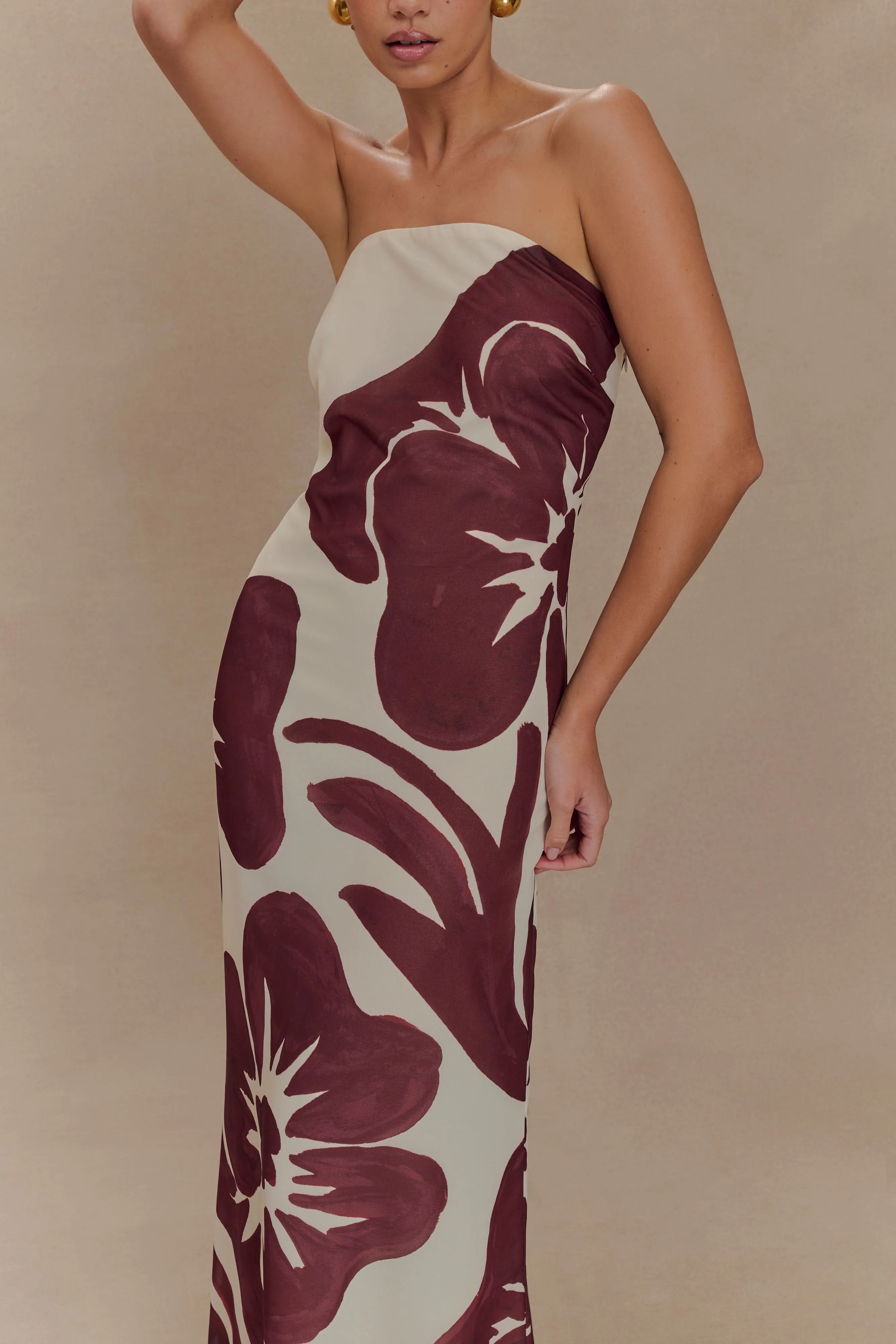 Amaya Strapless Chiffon Maxi Dress - Brown Deco Fleur Print sold by Meshki product image thumbnail 3