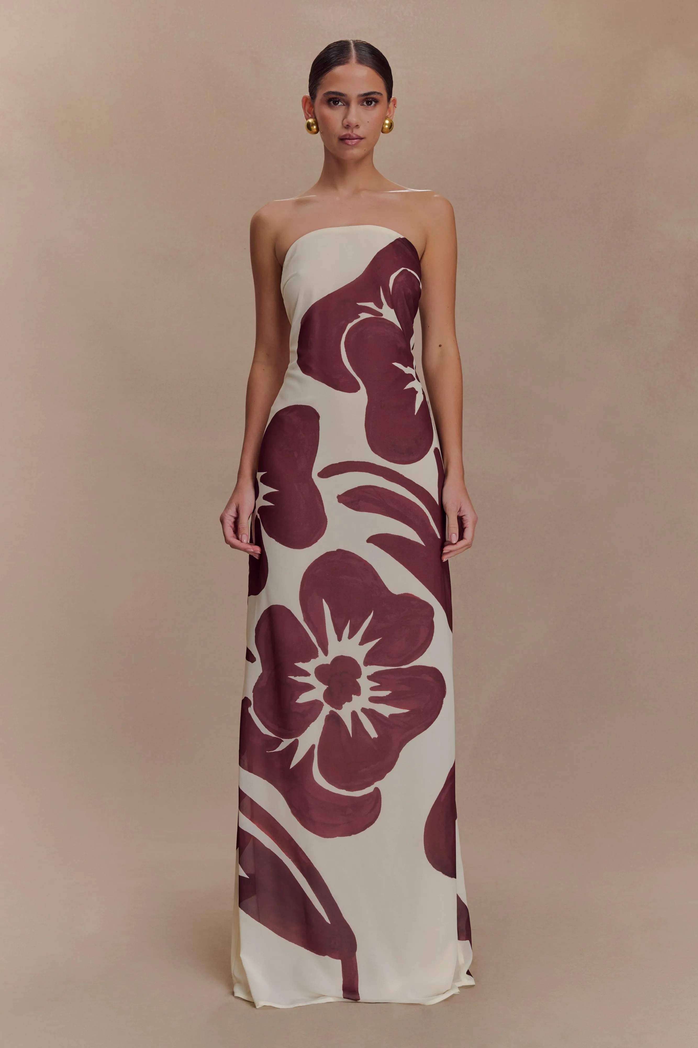 Amaya Strapless Chiffon Maxi Dress - Brown Deco Fleur Print sold by Meshki