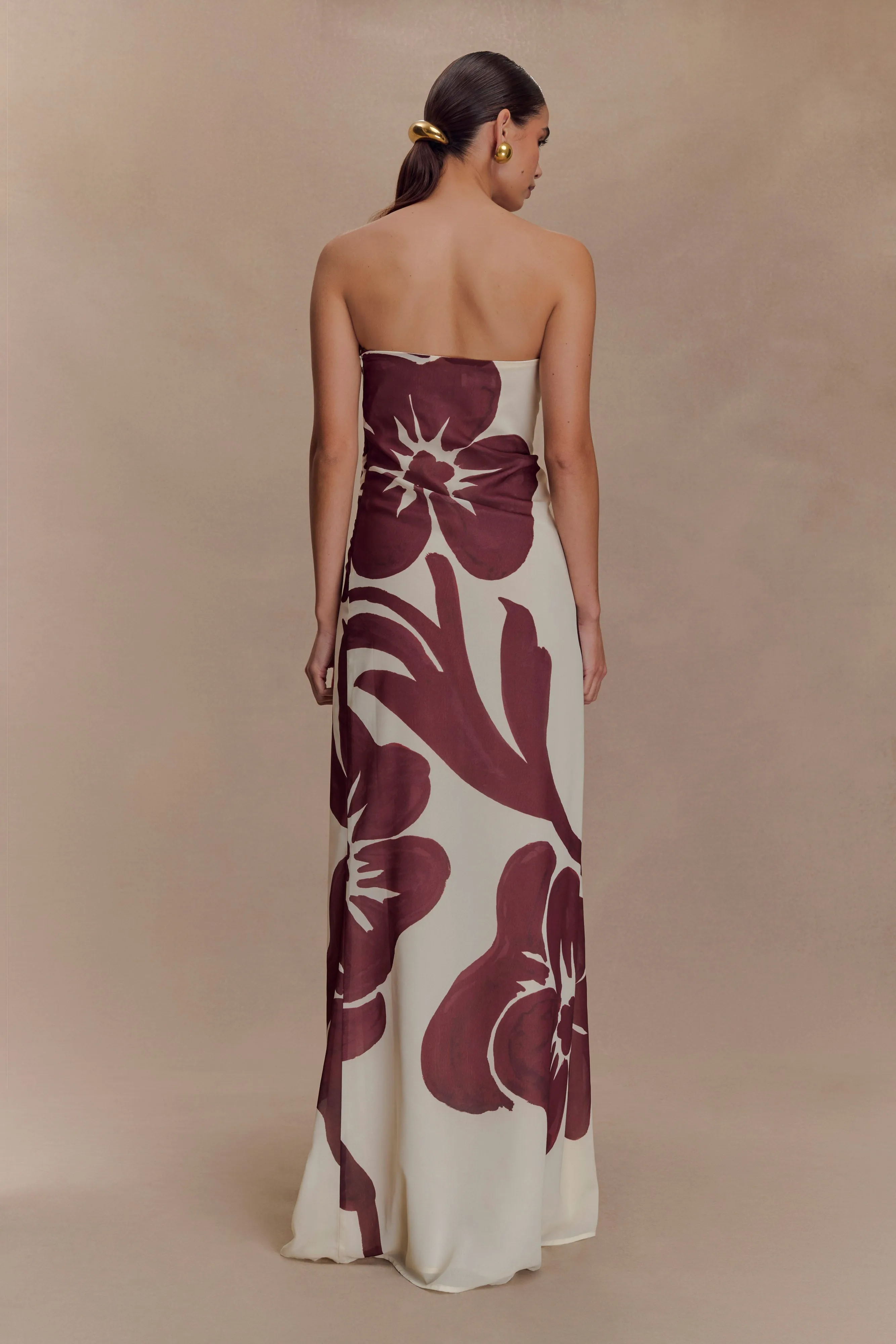 Amaya Strapless Chiffon Maxi Dress - Brown Deco Fleur Print sold by Meshki product image thumbnail 2