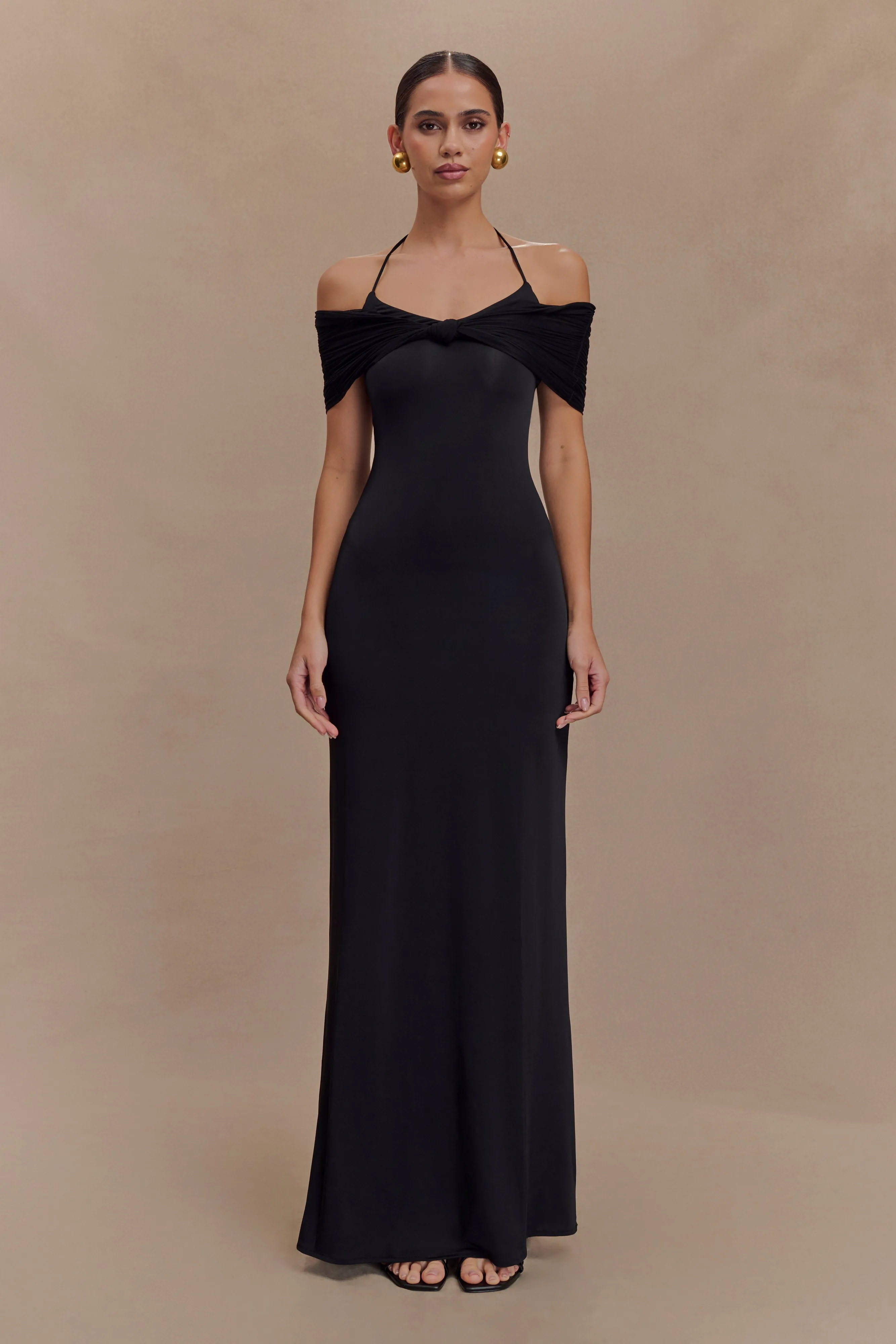 Bernadina Mesh And Slinky Halter Maxi Dress - Black sold by Meshki