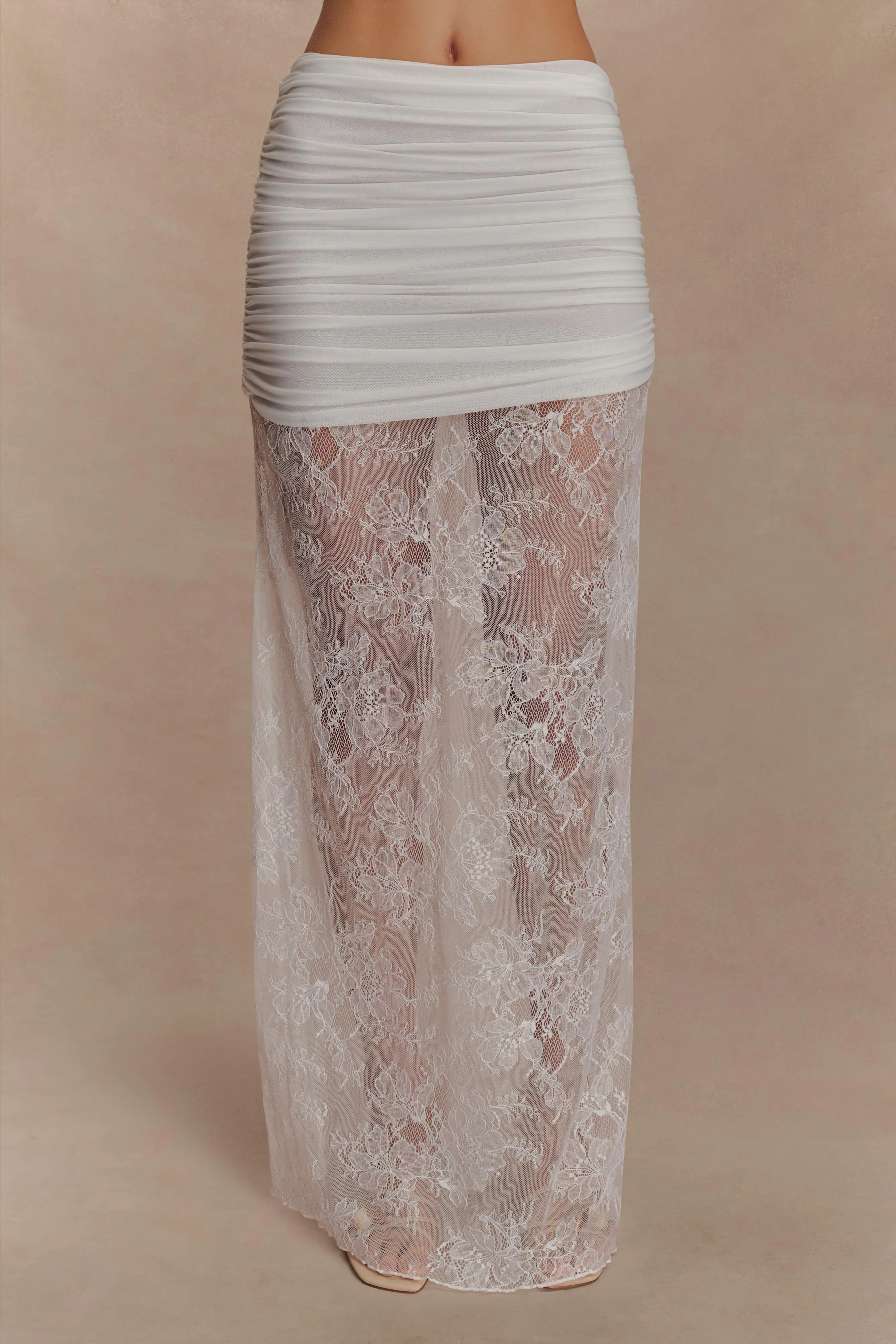 Guinevere Lace And Mesh Maxi Skirt - Ivory sold by Meshki