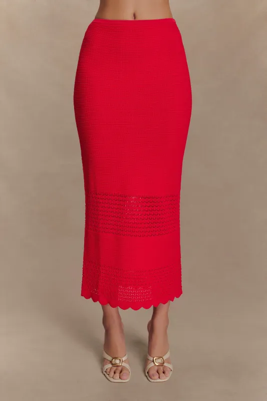 Madeline Scallop Knit Midi Skirt - Red sold by Meshki