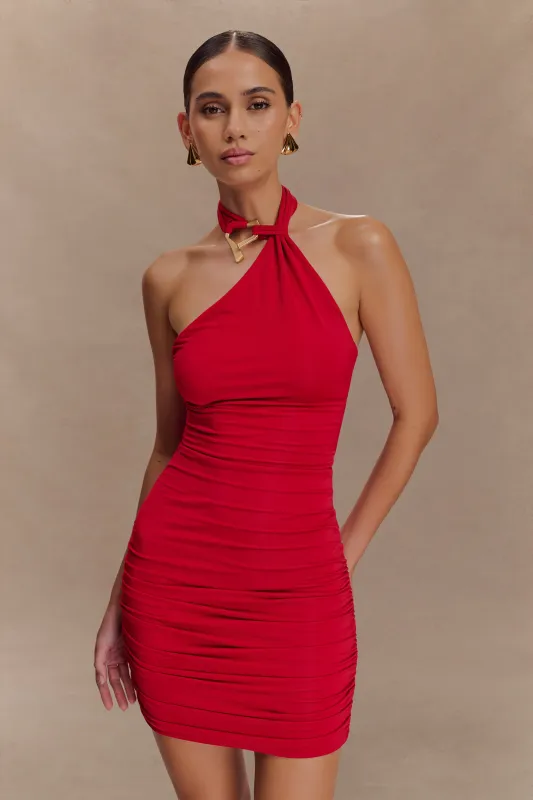 Mariposa Slinky Halter Mini Dress - Red sold by Meshki
