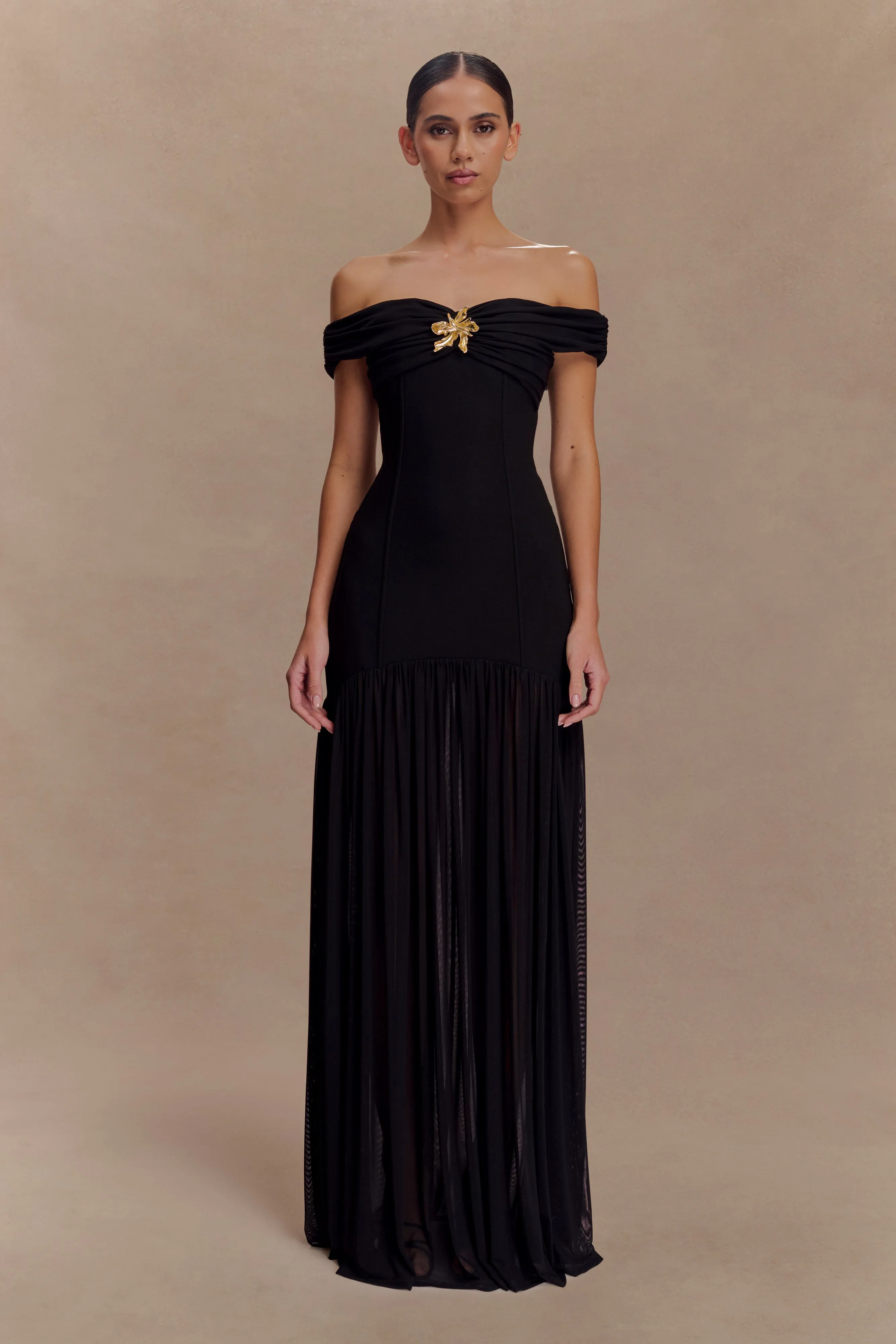Kellie Off Shoulder Crepe Maxi Dress - Black sold by Meshki