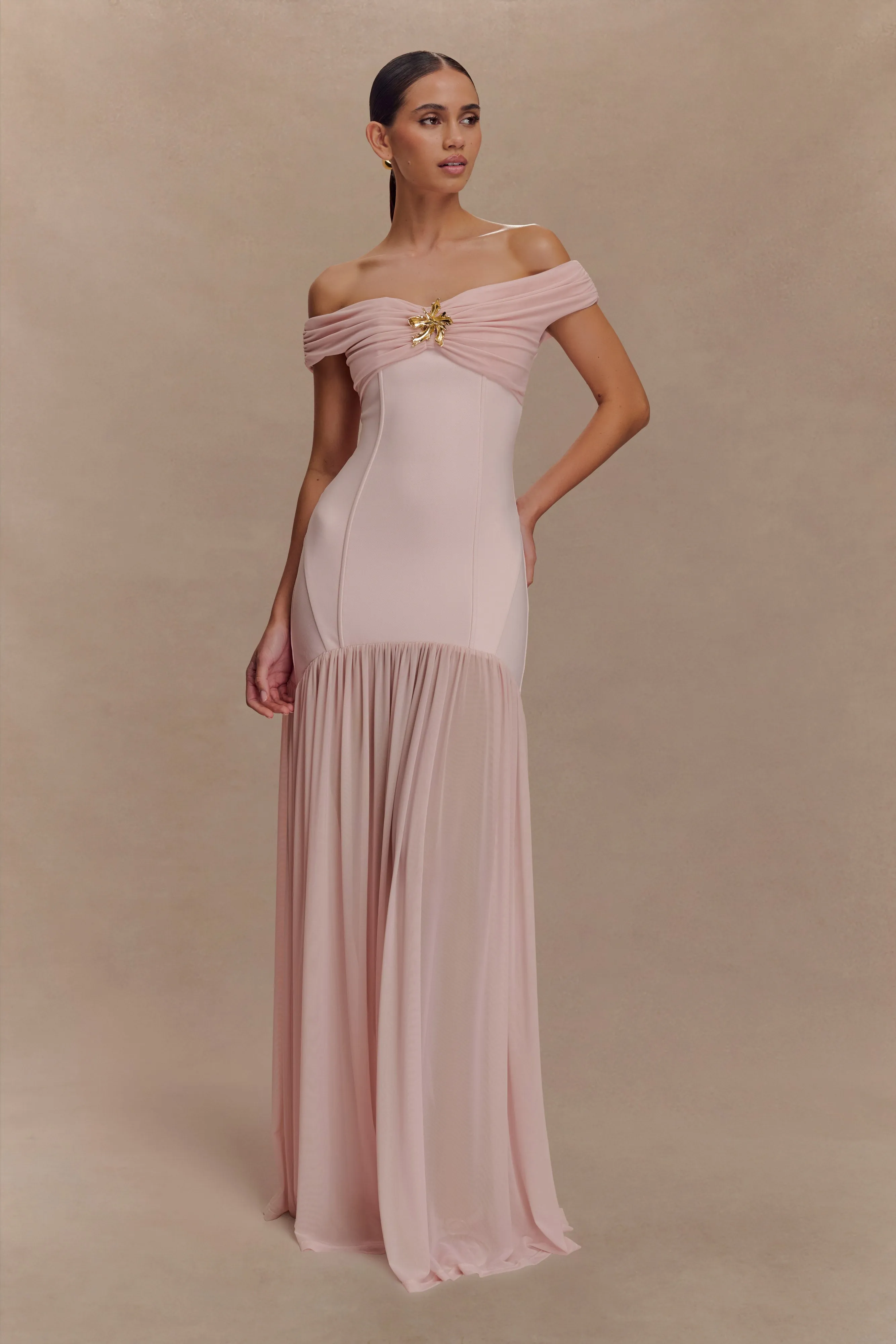 Kellie Off Shoulder Crepe Maxi Dress - Blush Pink sold by Meshki product image thumbnail 5