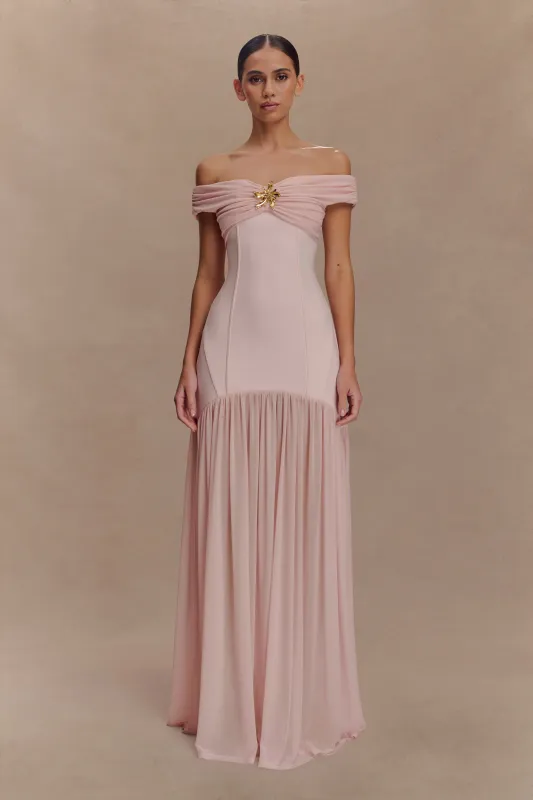 Kellie Off Shoulder Crepe Maxi Dress - Blush Pink sold by Meshki