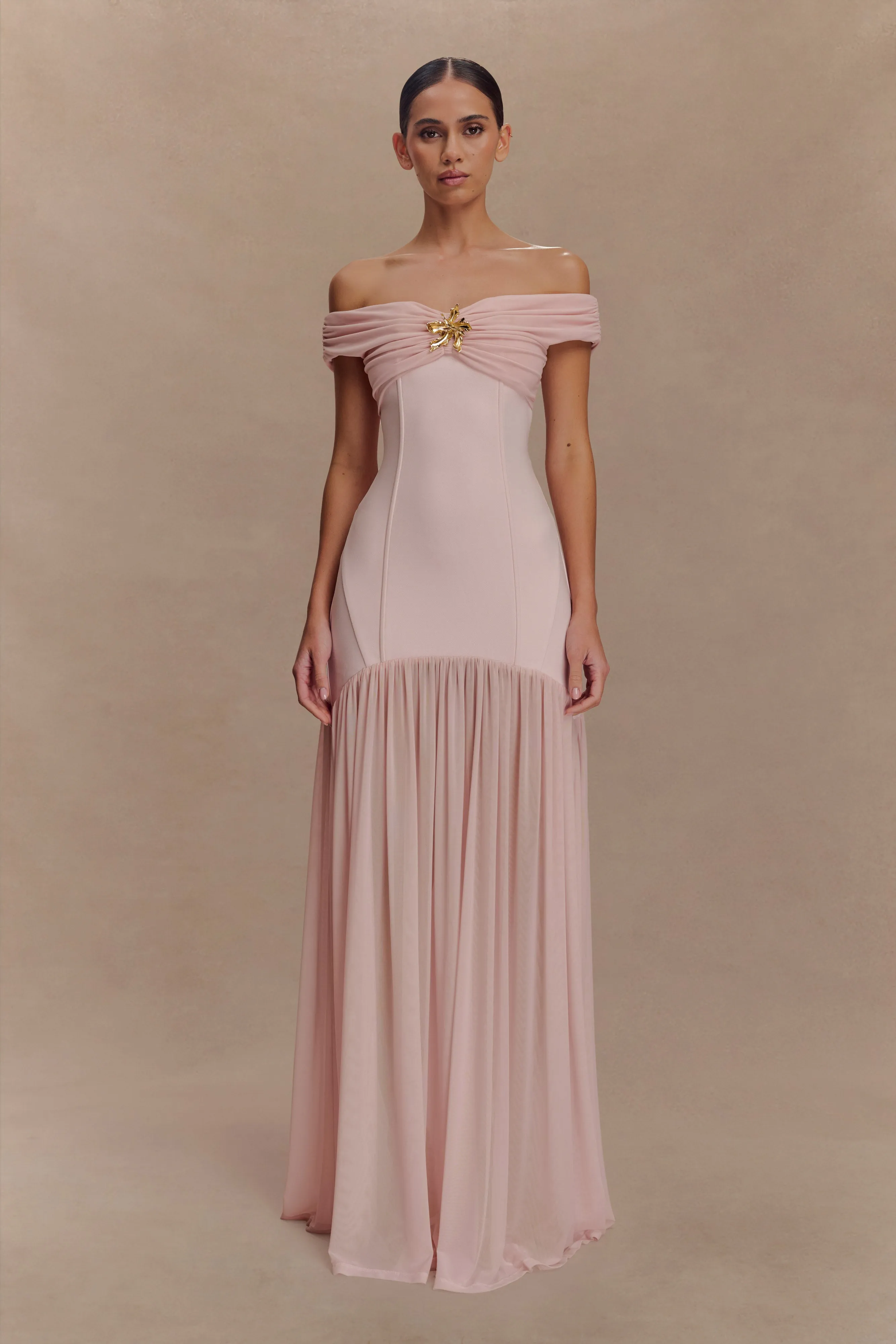 Kellie Off Shoulder Crepe Maxi Dress - Blush Pink sold by Meshki