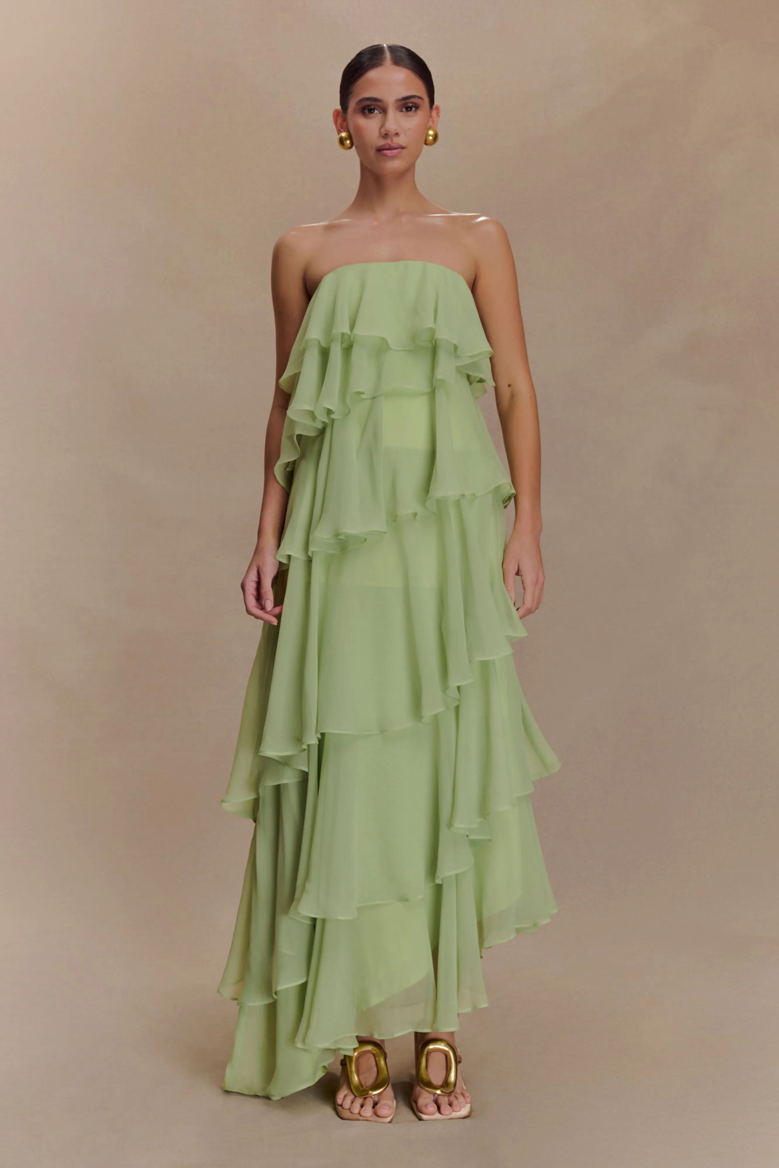 Alexa Ruffle Chiffon Maxi Dress - Pastel Lime sold by Meshki