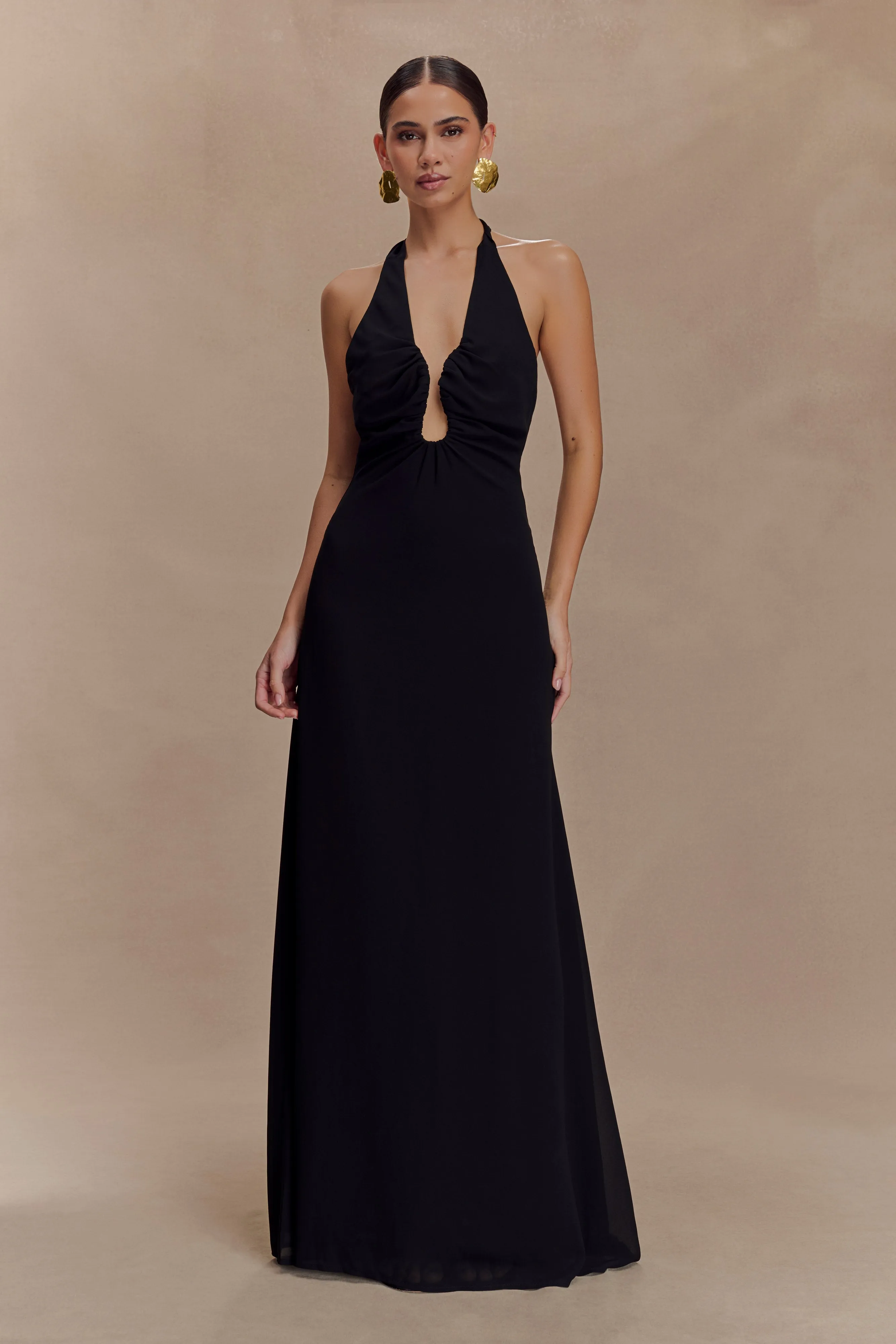 Malakhai Chiffon Halter Maxi Dress - Black sold by Meshki
