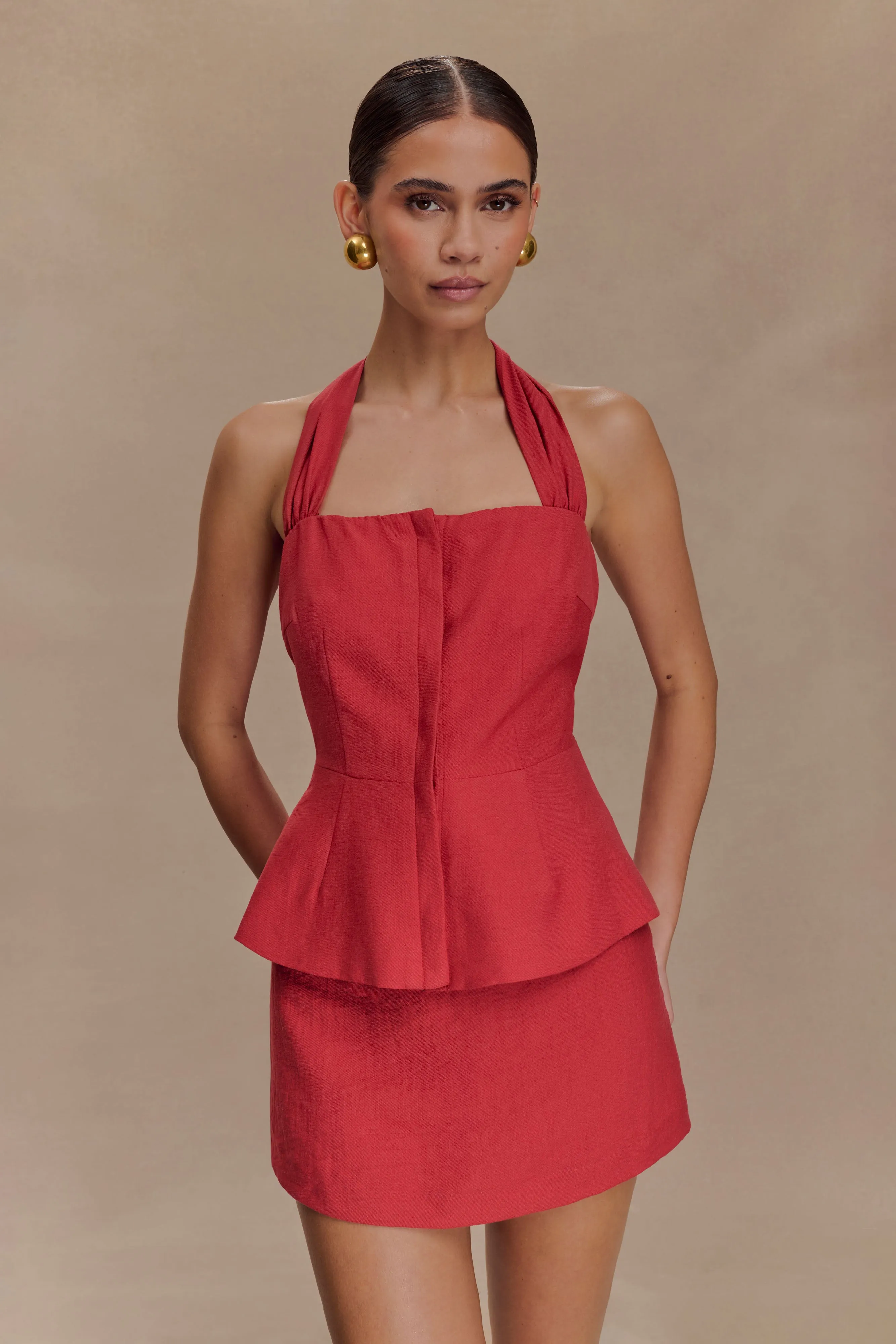 Kallie Linen Peplum Halter Top - Burnt Rose sold by Meshki