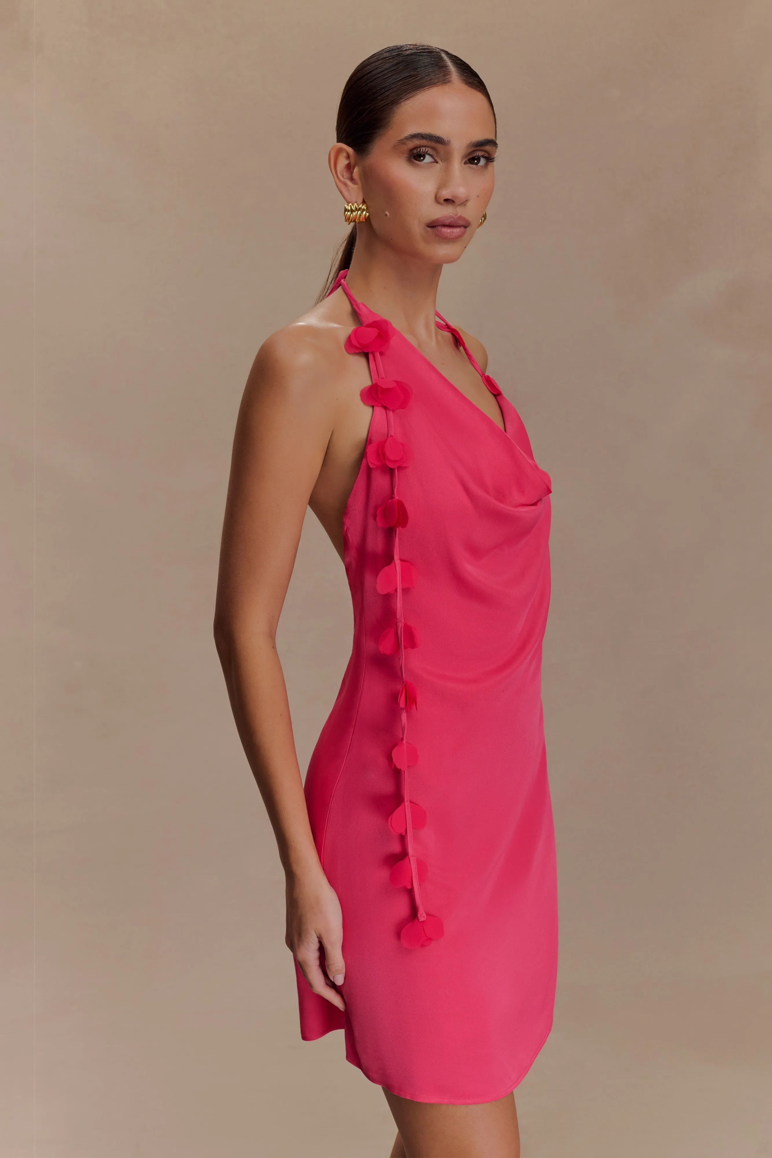 Gwenda Satin Floral Mini Dress - Dragonfruit sold by Meshki product image thumbnail 4