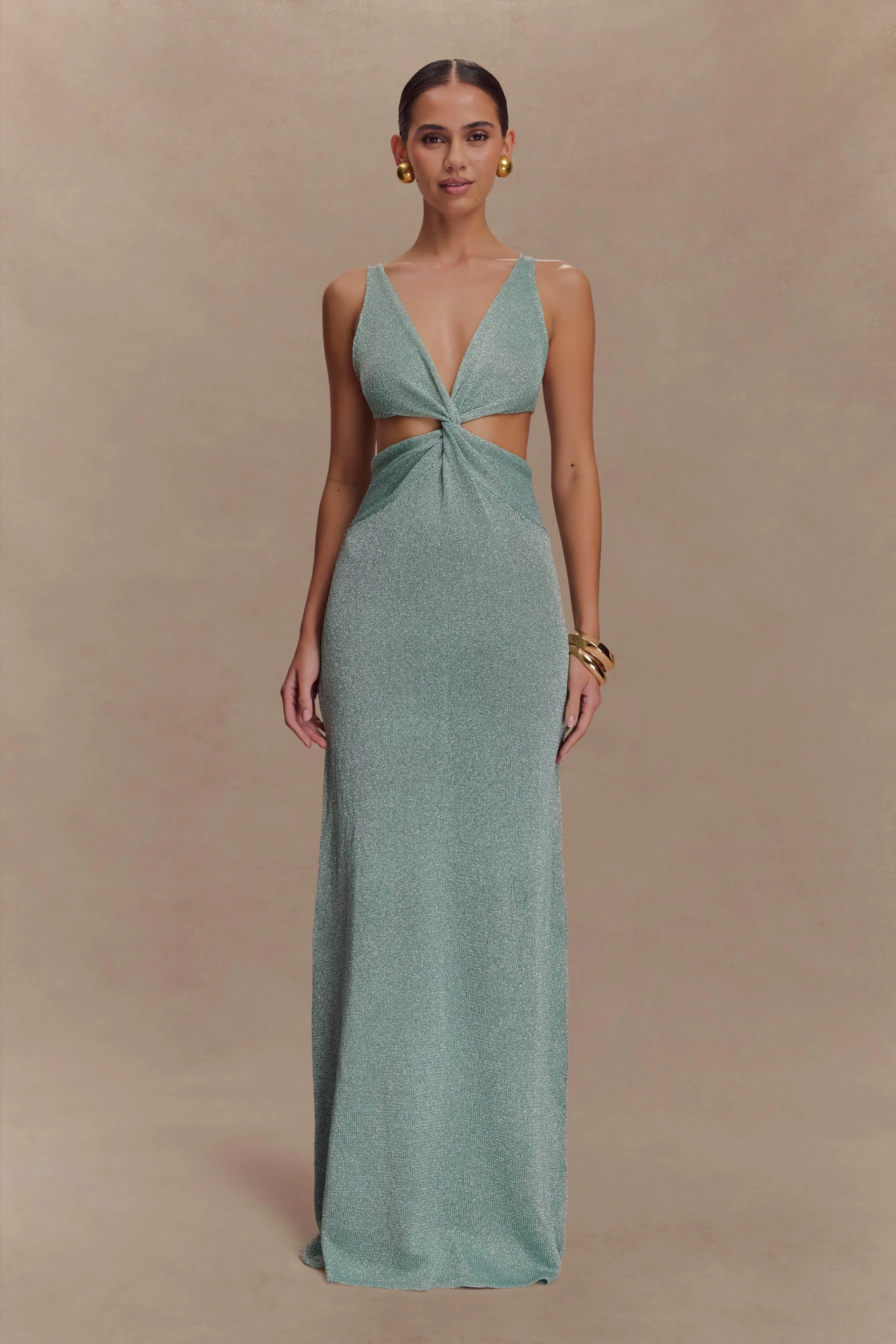 Gracelyn Twisted Metallic Knit Maxi Dress - Aqua sold by Meshki