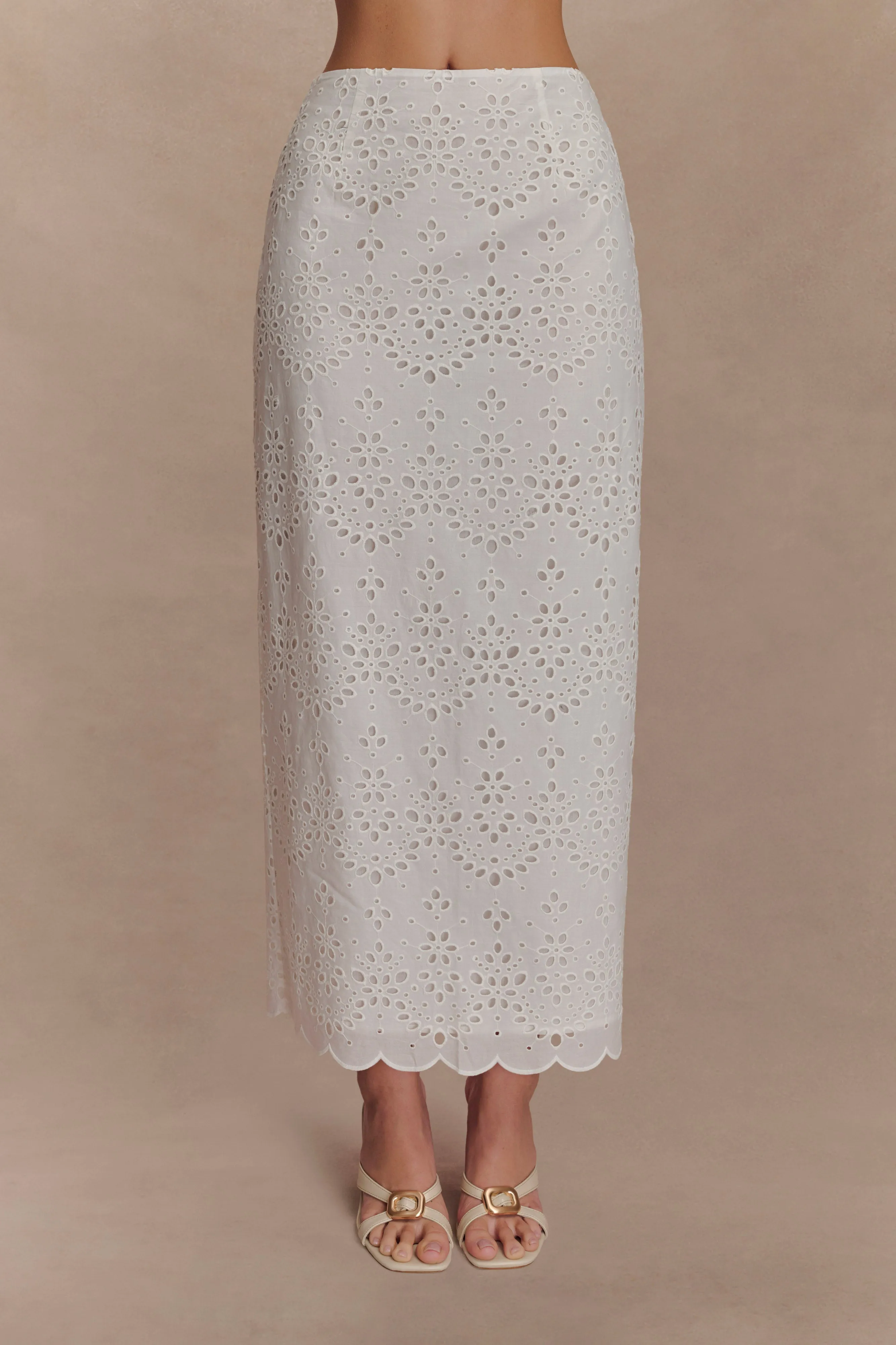 Kensley Broderie Midi Skirt - White sold by Meshki