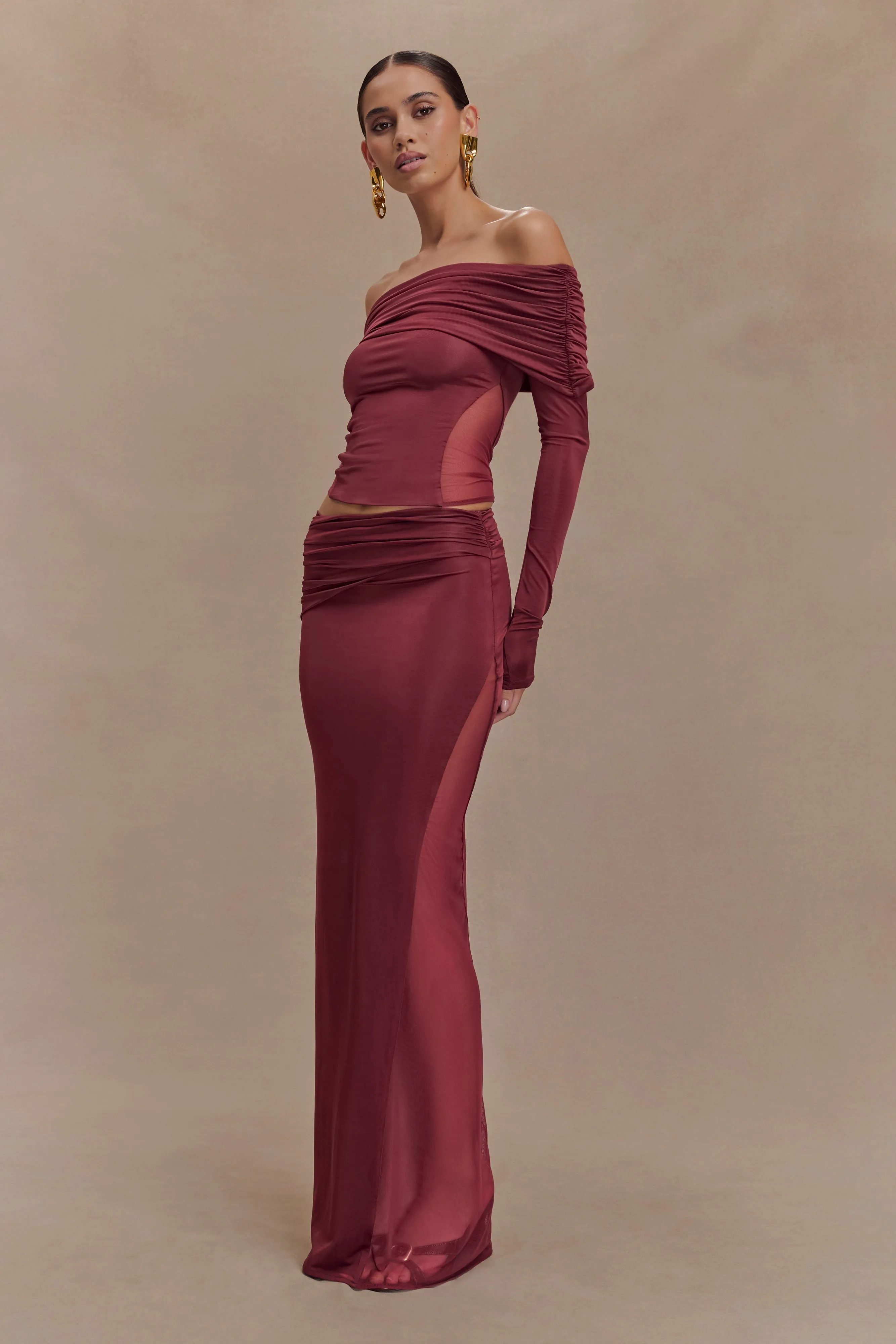 Judy Slinky And Mesh Maxi Skirt - Wine sold by Meshki product image thumbnail 4