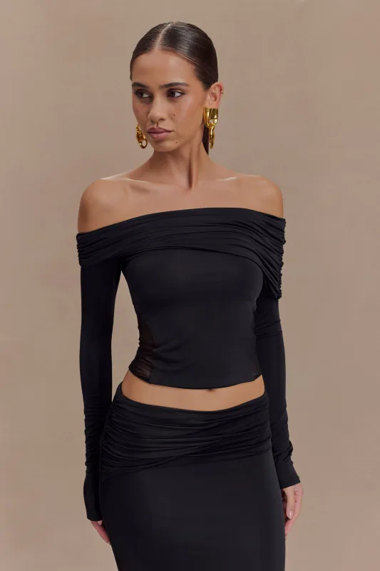 Judy Slinky And Mesh Off Shoulder Top - Black made by Meshki