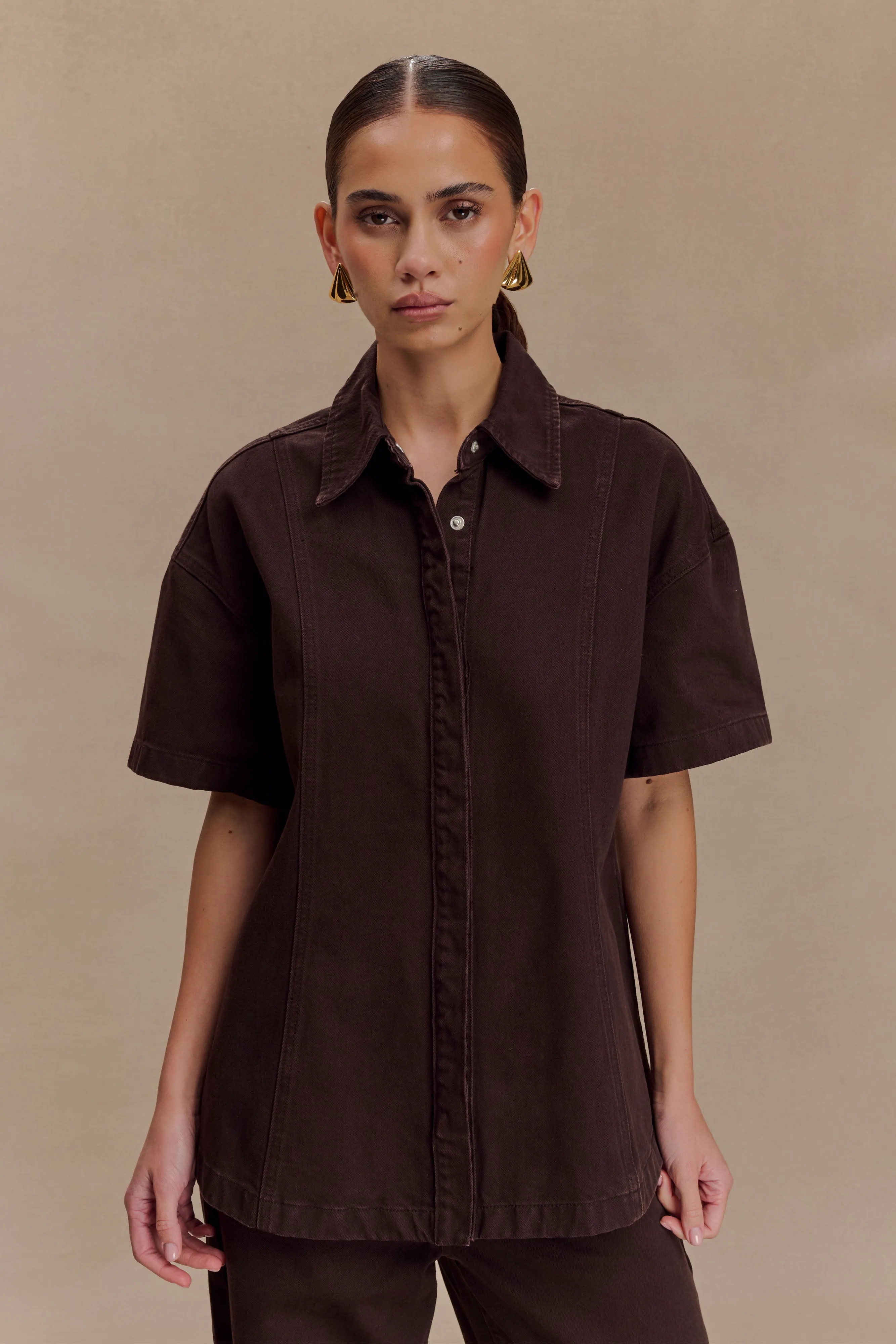 Maya Oversized Denim Shirt - Chocolate sold by Meshki product image thumbnail 4