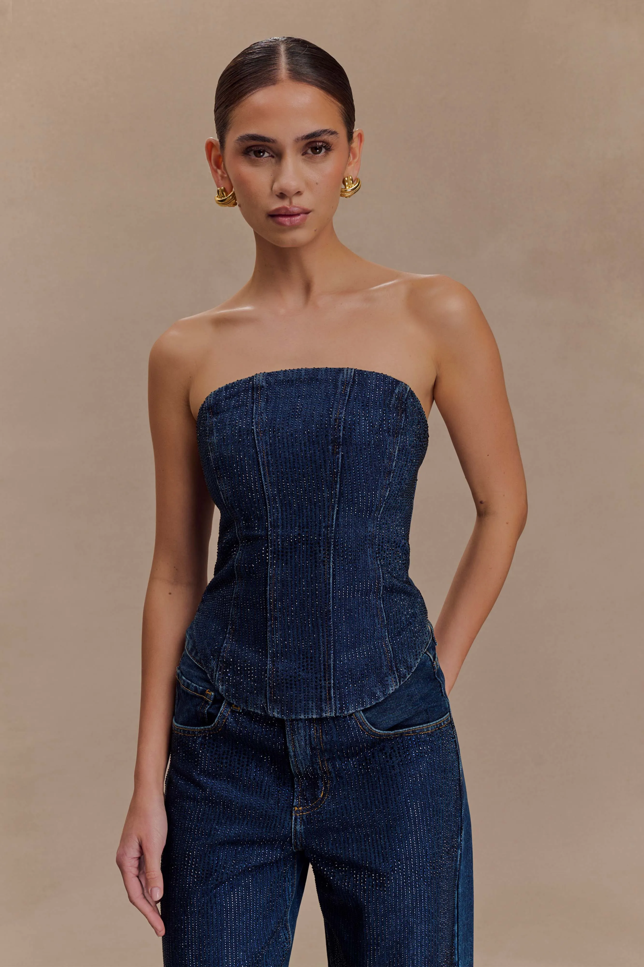 Monte Strapless Diamante Denim Corset - Midnight Blue sold by Meshki product image thumbnail 3