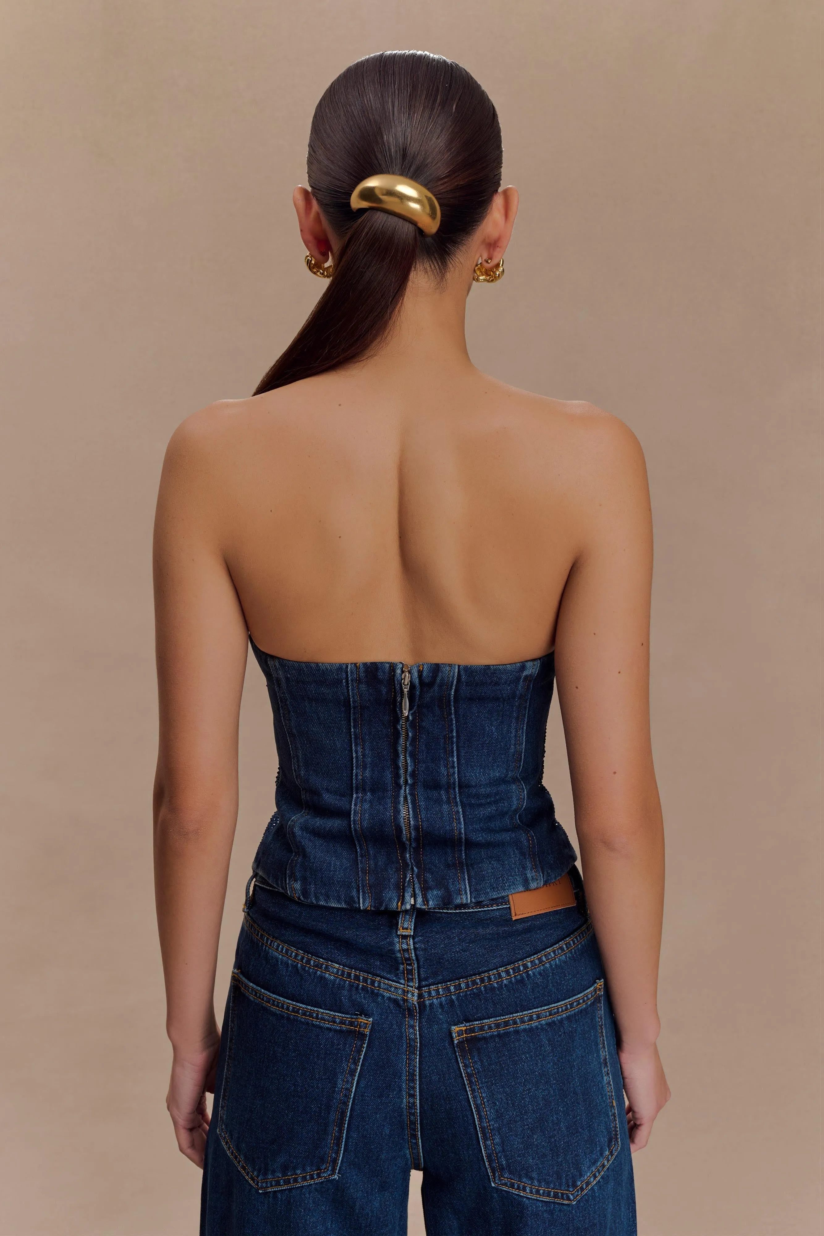 Monte Strapless Diamante Denim Corset - Midnight Blue sold by Meshki product image thumbnail 2