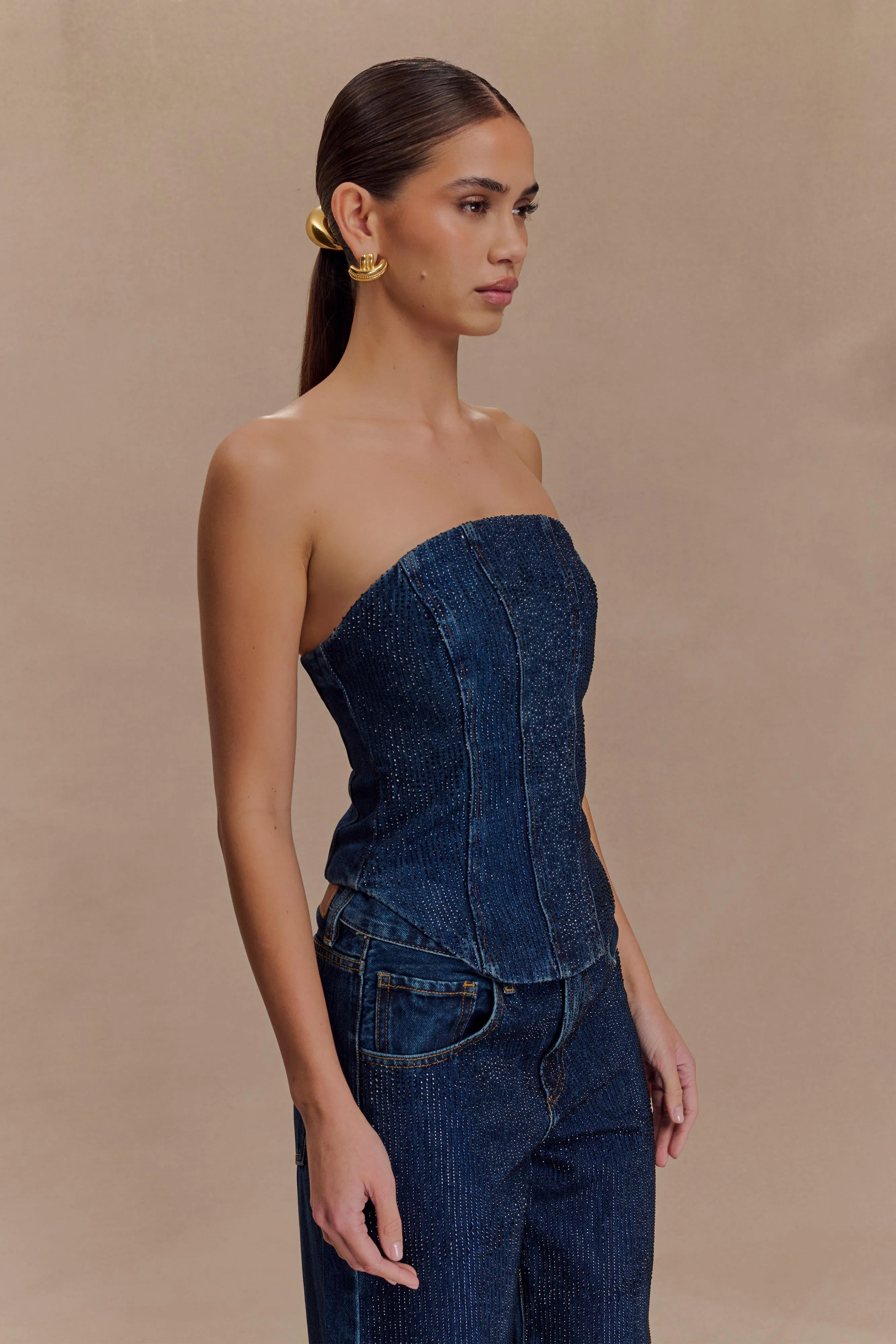 Monte Strapless Diamante Denim Corset - Midnight Blue sold by Meshki product image thumbnail 4