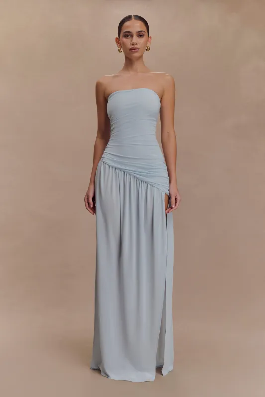 Bex Strapless Slinky Maxi Dress With Split - Pale Blue sold by Meshki