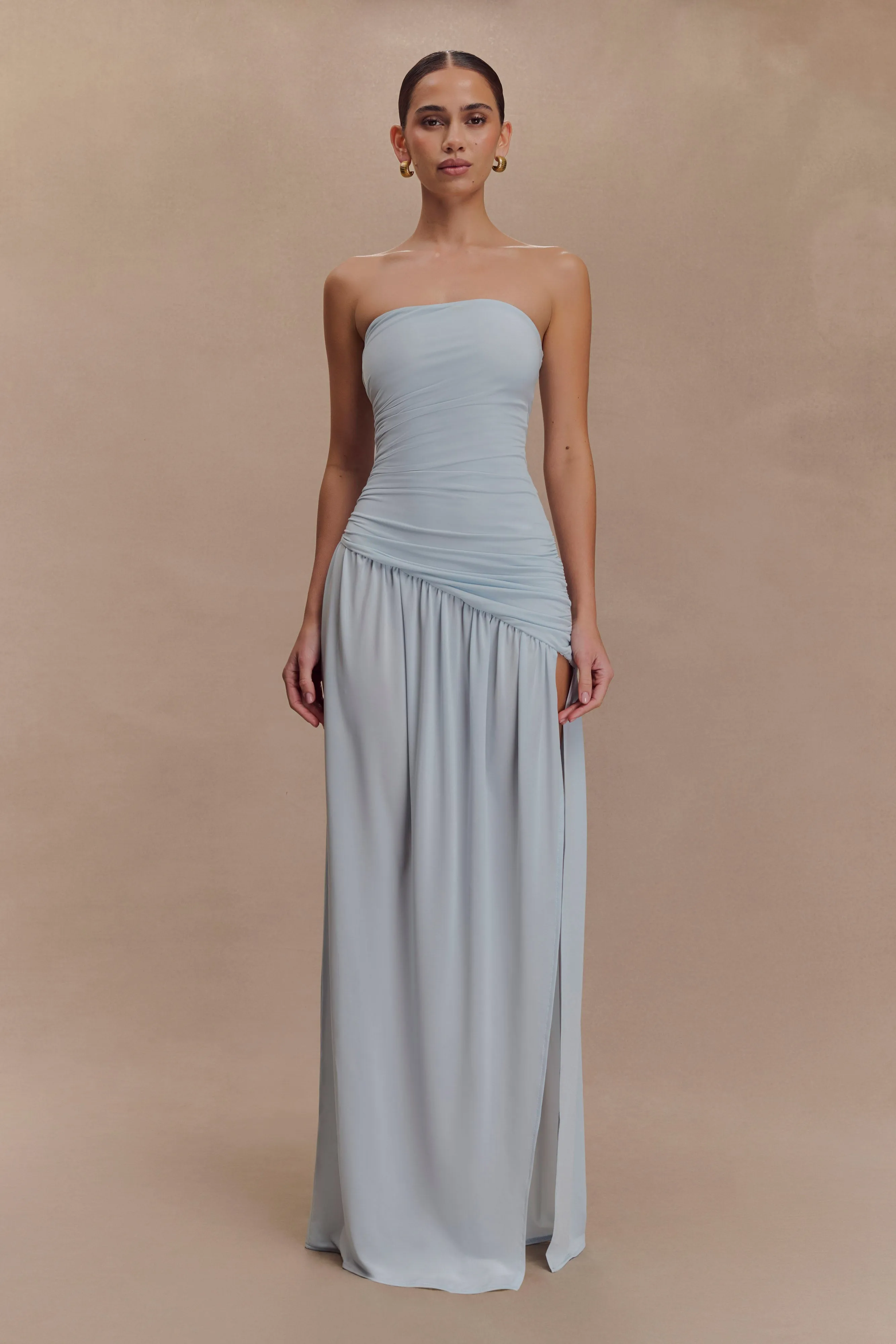 Bex Strapless Slinky Maxi Dress With Split - Pale Blue sold by Meshki
