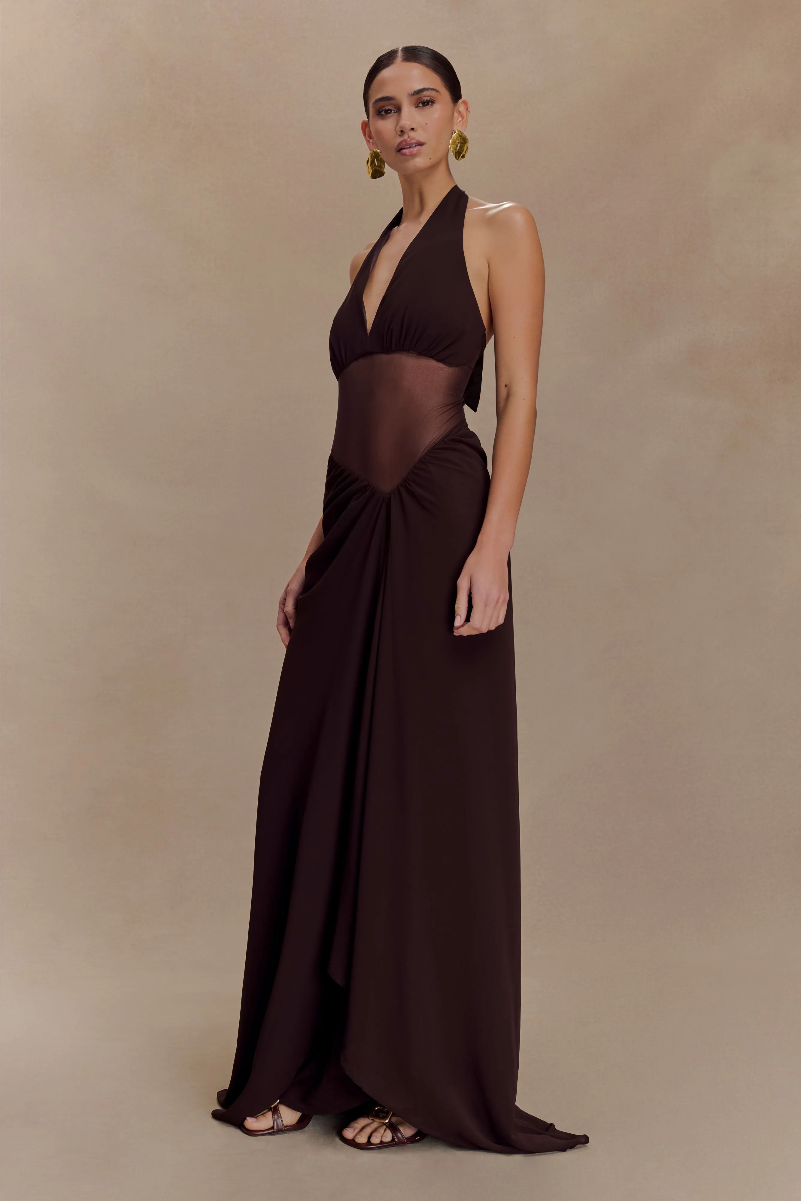 Jonna Chiffon And Mesh Maxi Dress - Dark Chocolate sold by Meshki product image thumbnail 4
