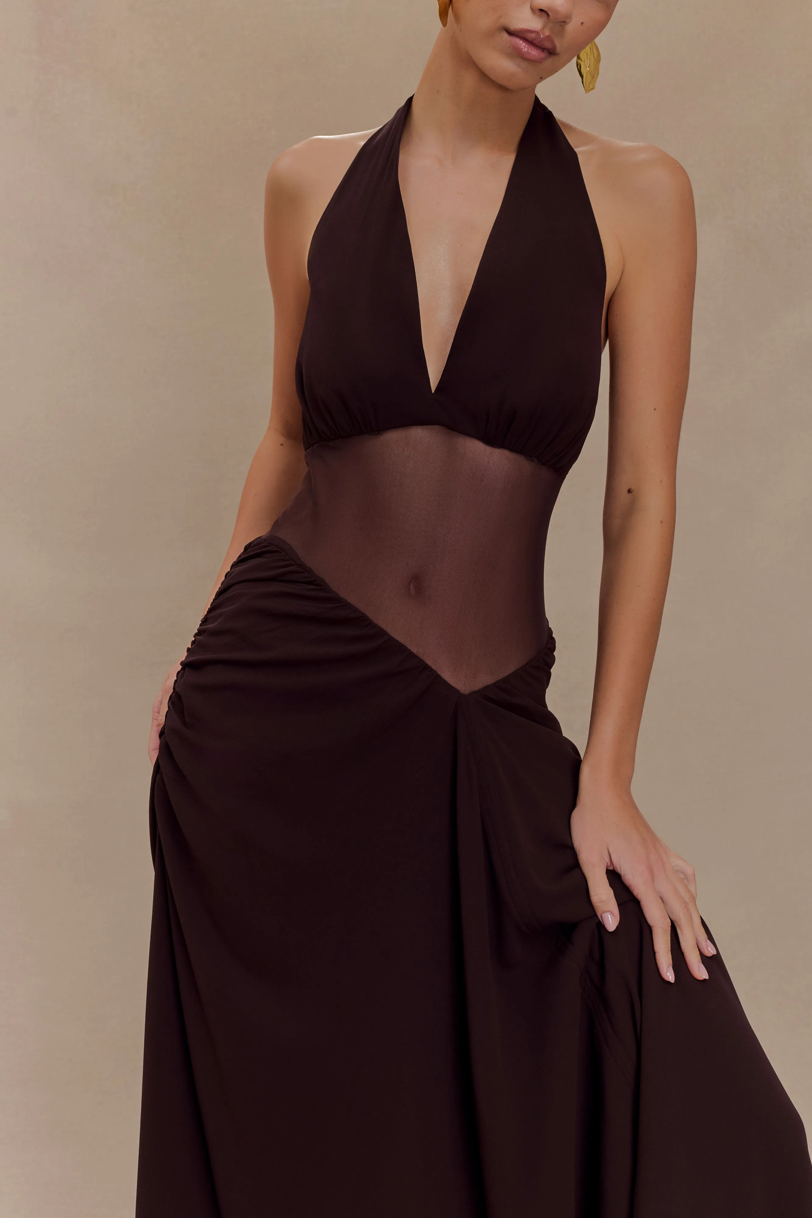 Jonna Chiffon And Mesh Maxi Dress - Dark Chocolate sold by Meshki product image thumbnail 3