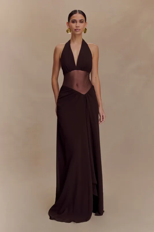 Jonna Chiffon And Mesh Maxi Dress - Dark Chocolate sold by Meshki