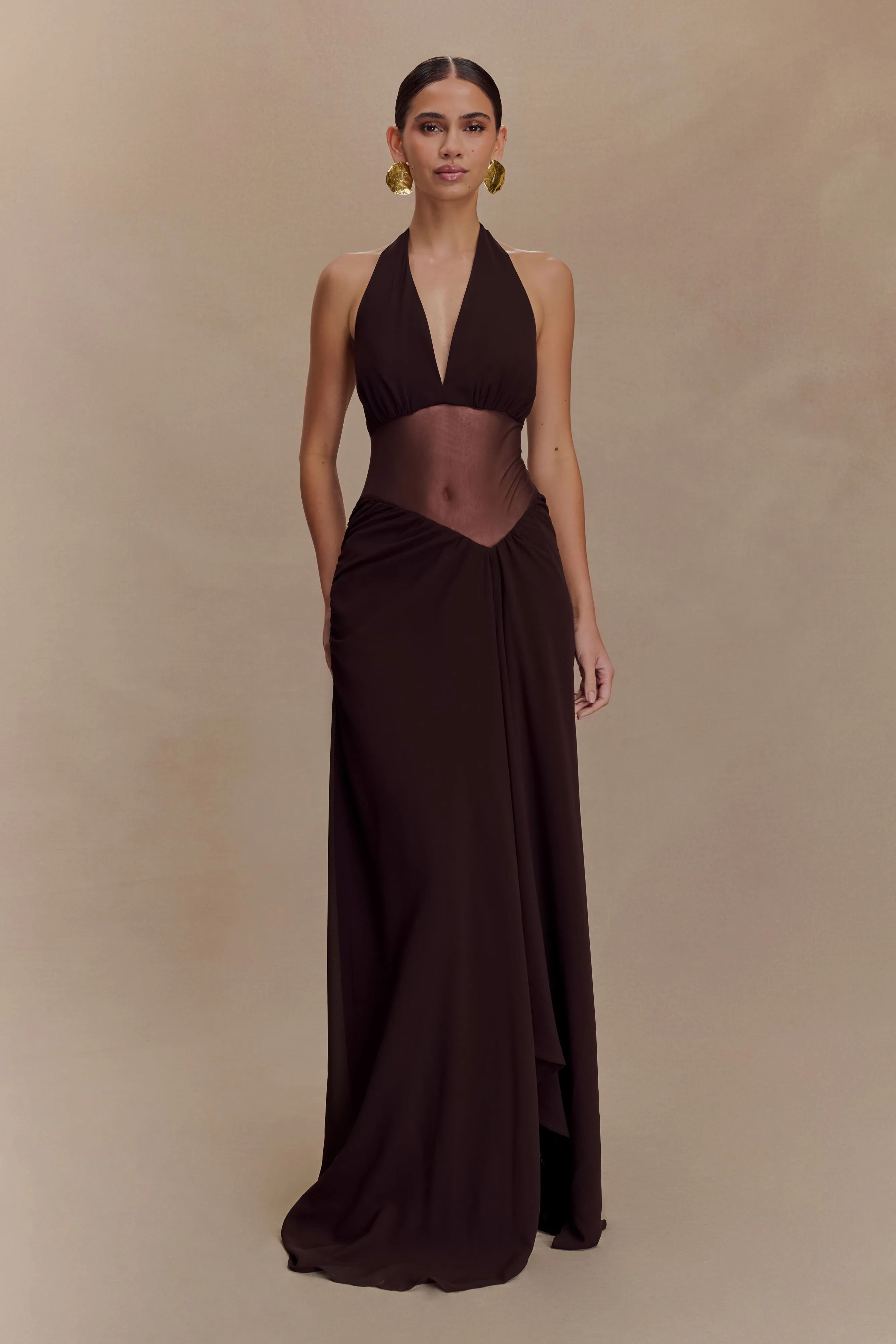 Jonna Chiffon And Mesh Maxi Dress - Dark Chocolate sold by Meshki