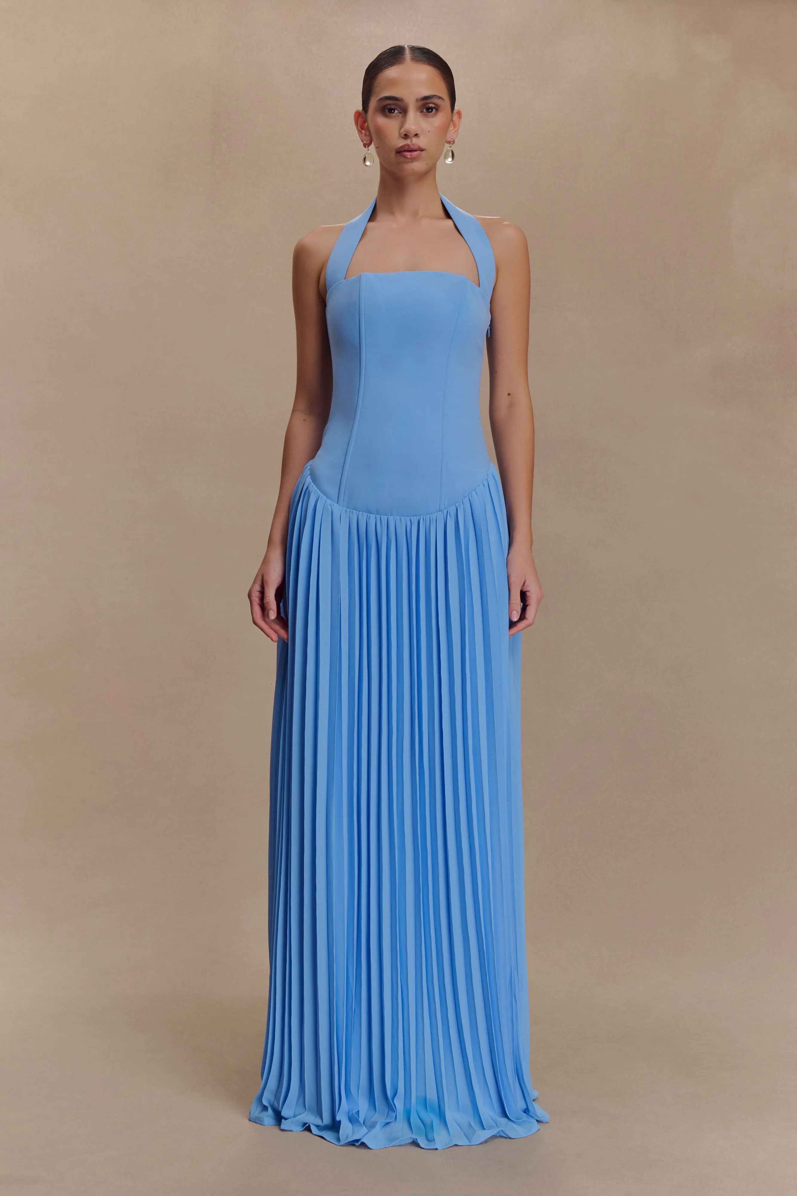 Stacie Pleated Halter Maxi Dress - Bright Blue sold by Meshki