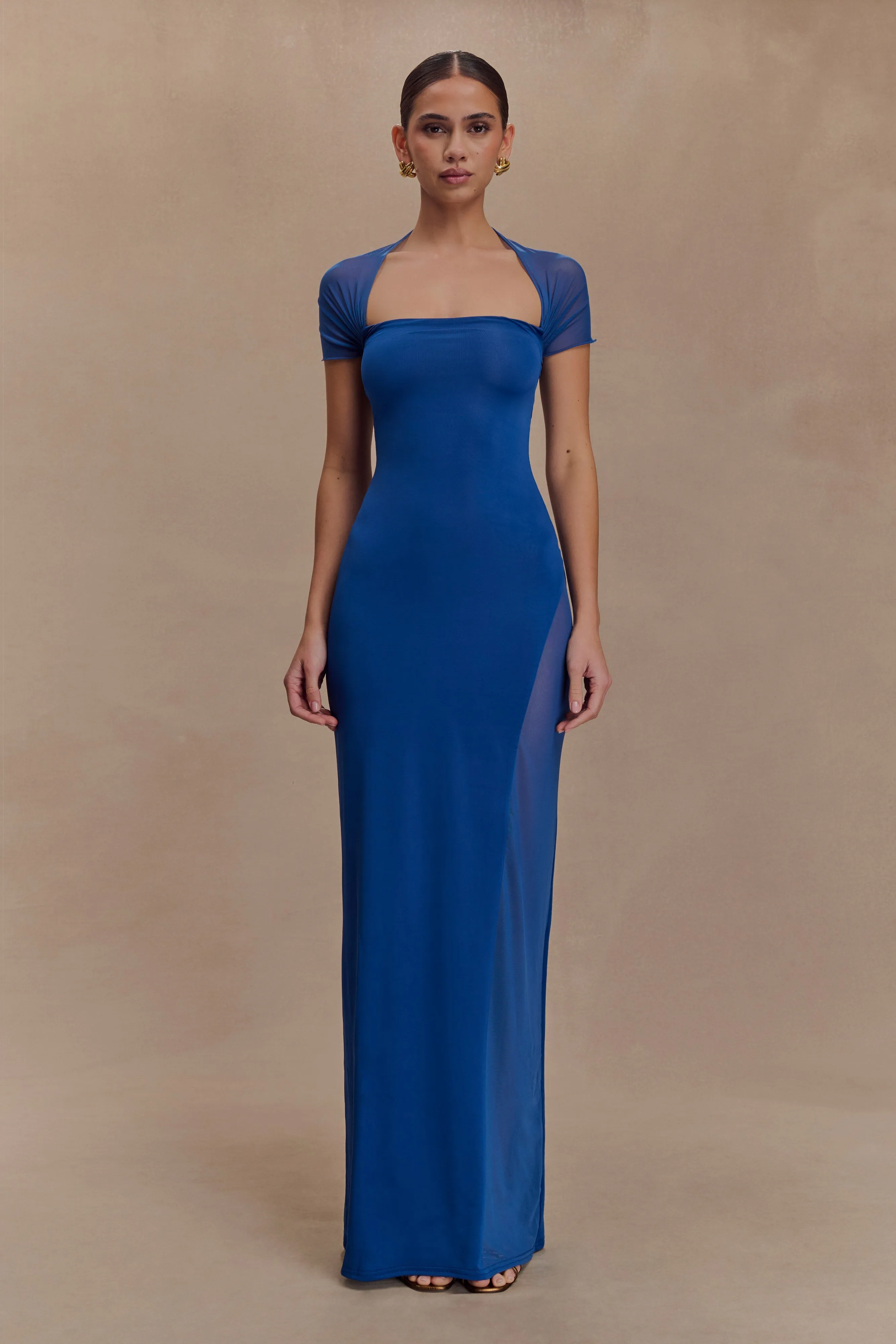 Wyatt Slinky And Mesh Maxi Dress - Cobalt Blue sold by Meshki