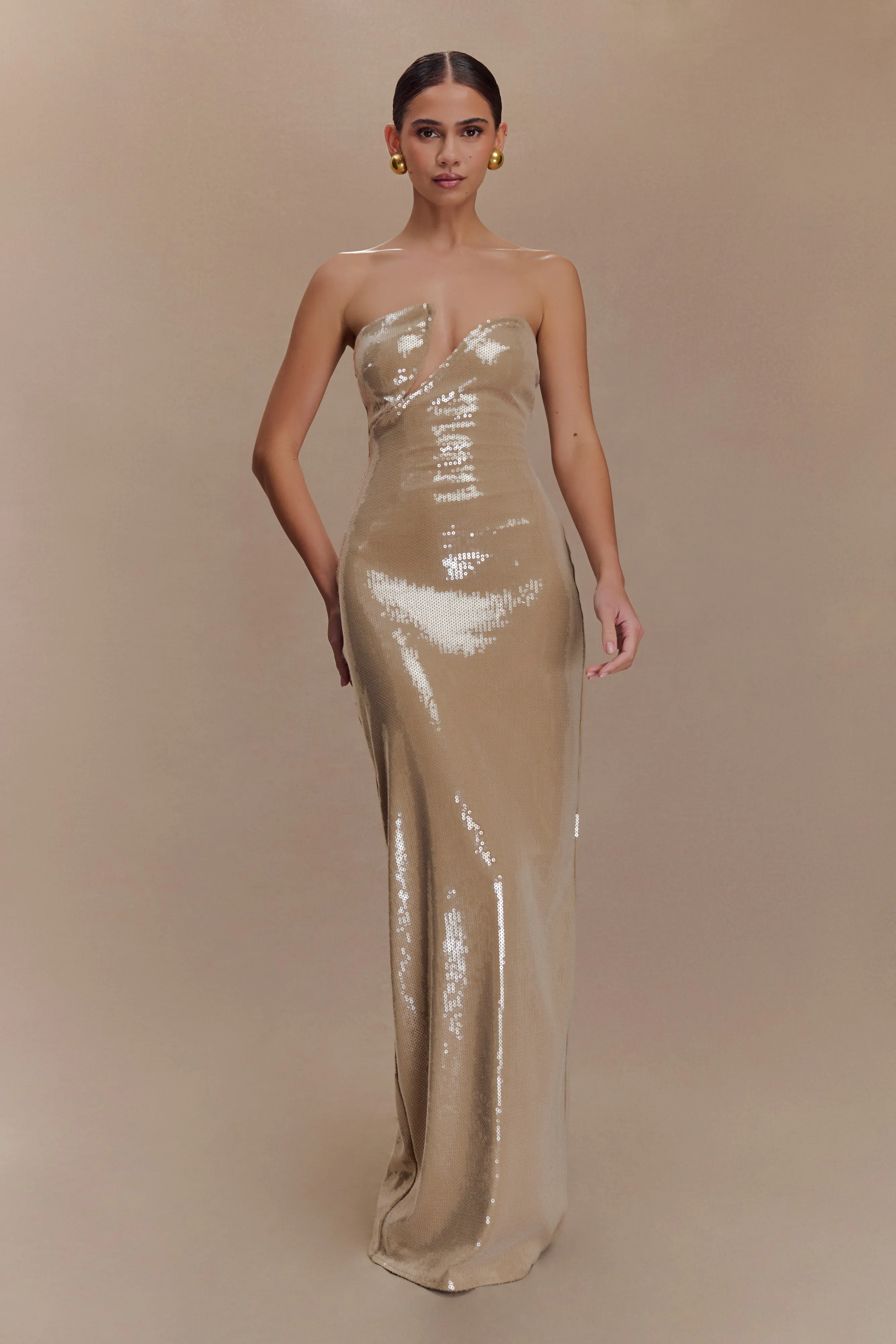 Winston Strapless Sequin Maxi Dress - Taupe sold by Meshki
