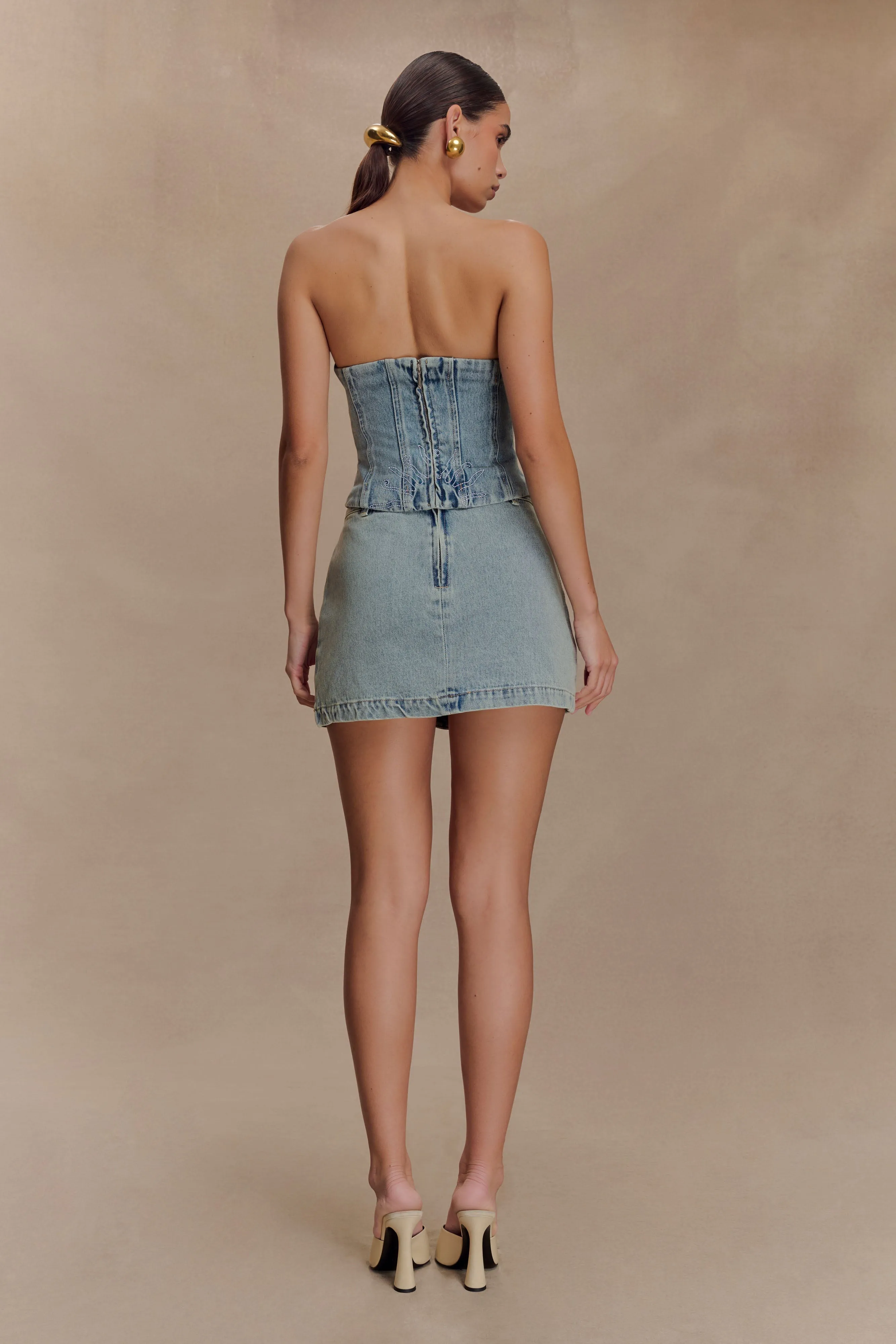 Alessia Embroidered Denim Mini Skirt - Light Vintage sold by Meshki product image thumbnail 5