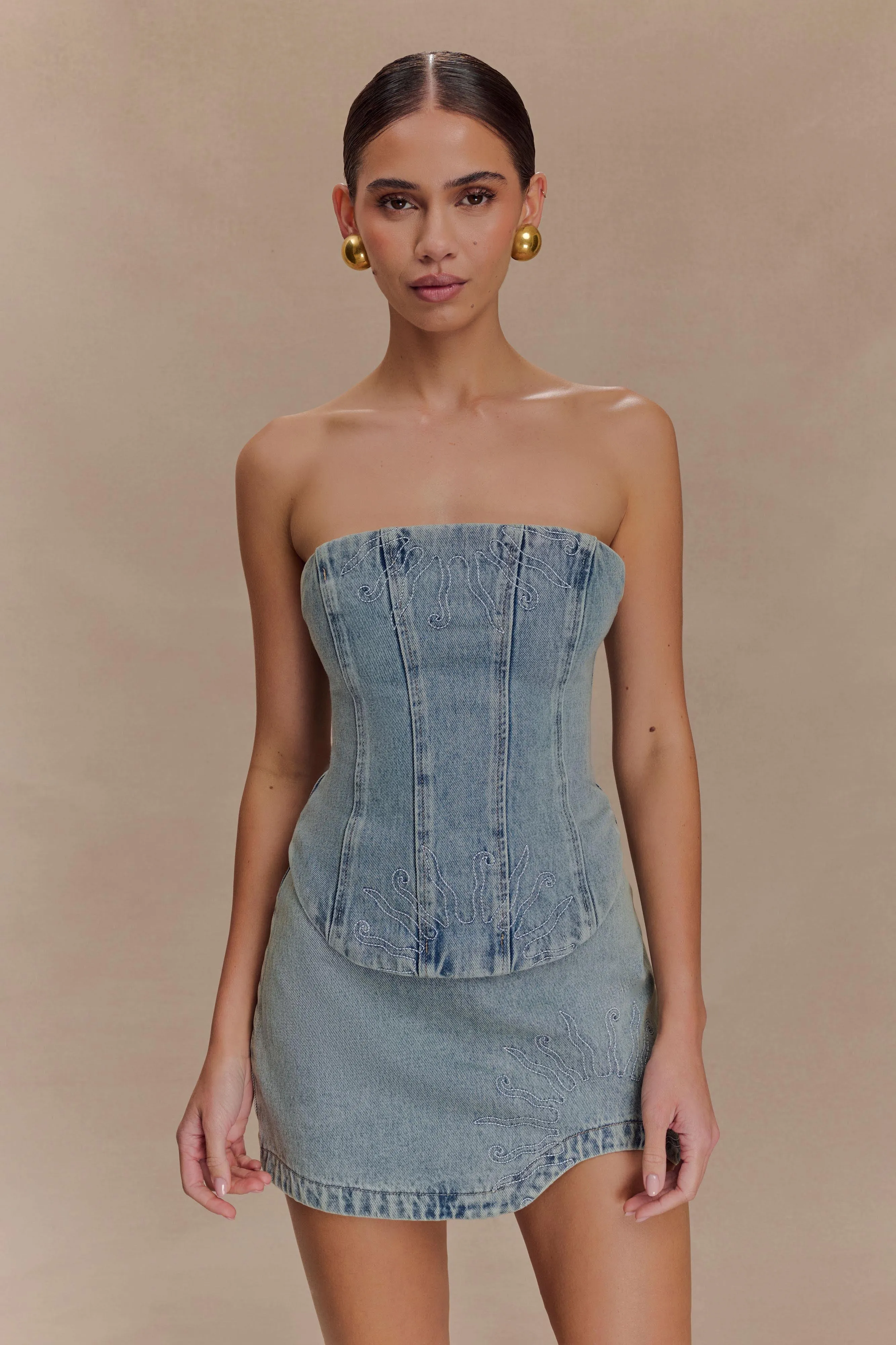 Alessia Embroidered Denim Mini Skirt - Light Vintage sold by Meshki product image thumbnail 3