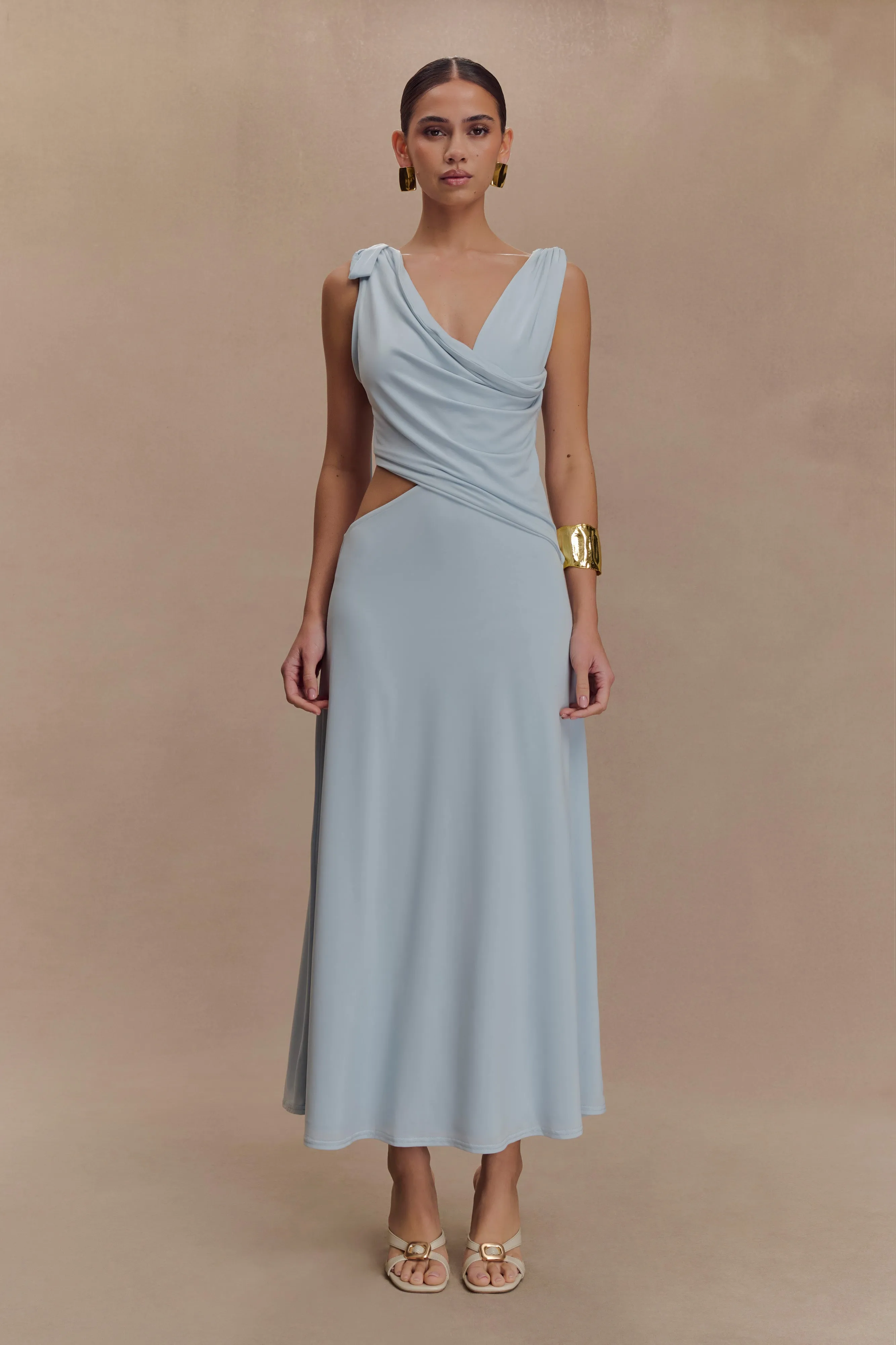 Raleigh Asymmetrical Slinky Maxi Dress - Pale Blue sold by Meshki