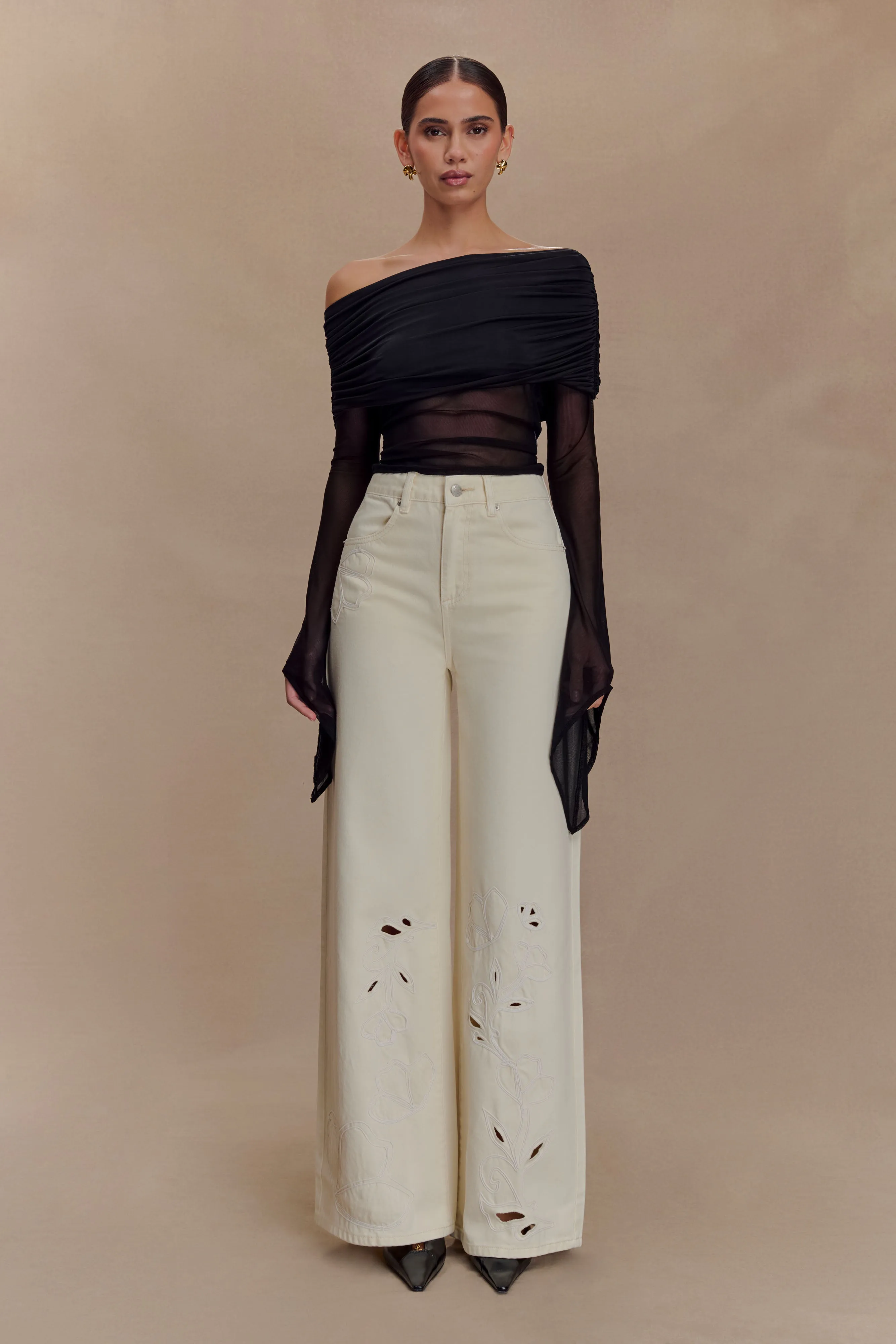 Carmella Embroided Jeans - Ecru sold by Meshki product image thumbnail 4