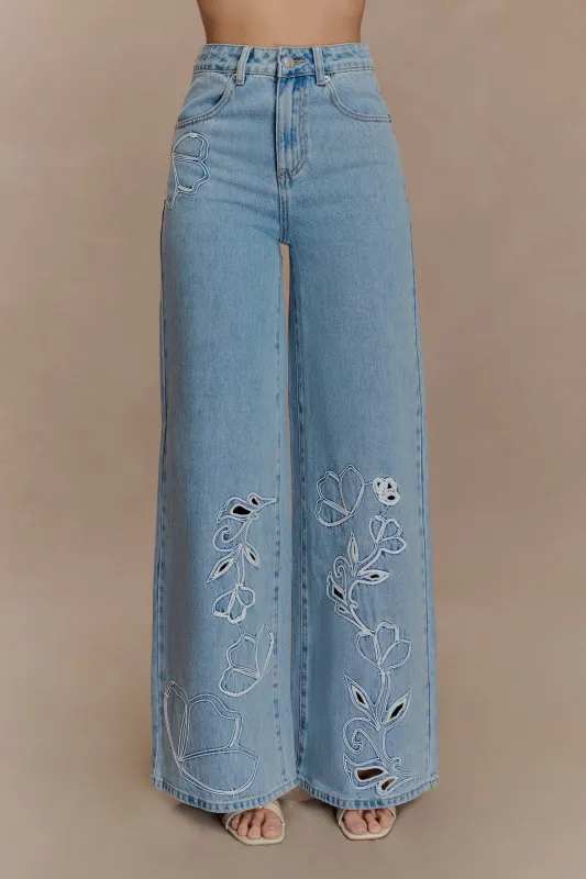 Carmella Embroided Jeans - Mid Blue sold by Meshki
