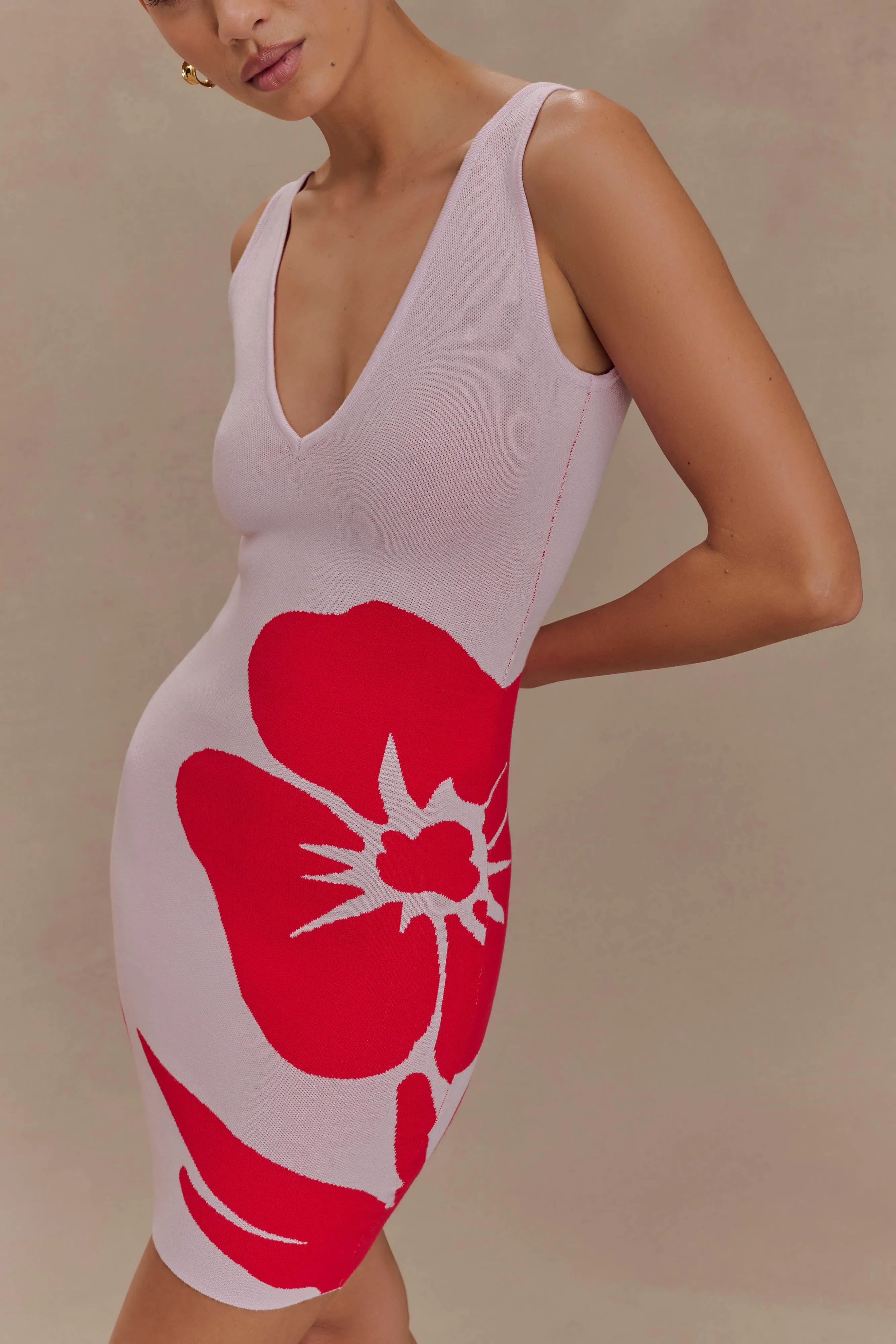 Dorothy Knit Print Mini Dress - Red Deco Fleur Print sold by Meshki product image thumbnail 3