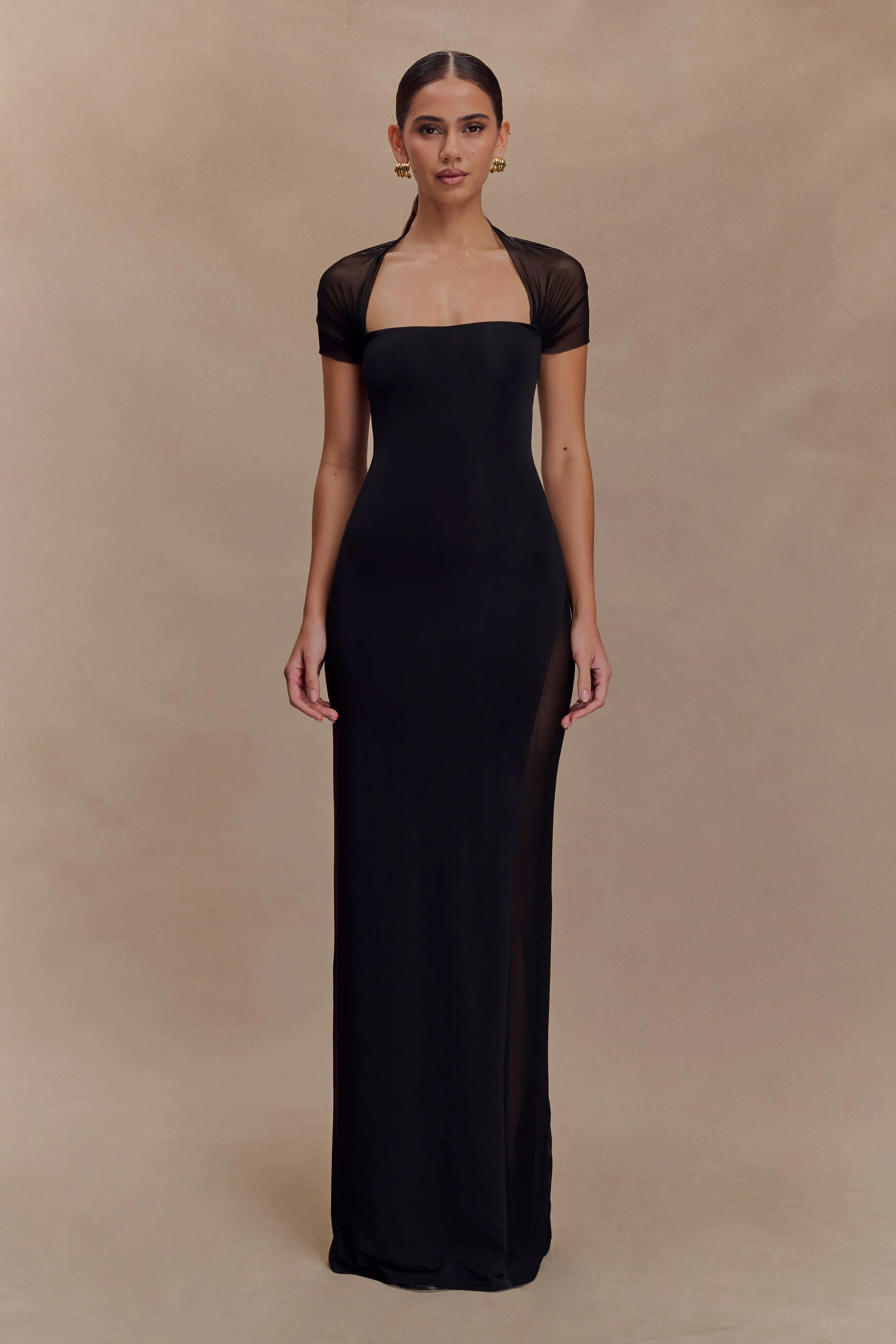 Wyatt Slinky And Mesh Maxi Dress - Black sold by Meshki