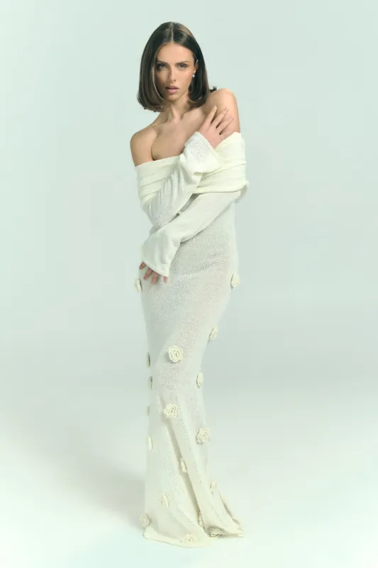 Kiki Off Shoulder Knit Rose Maxi Dress - Ivory sold by Meshki