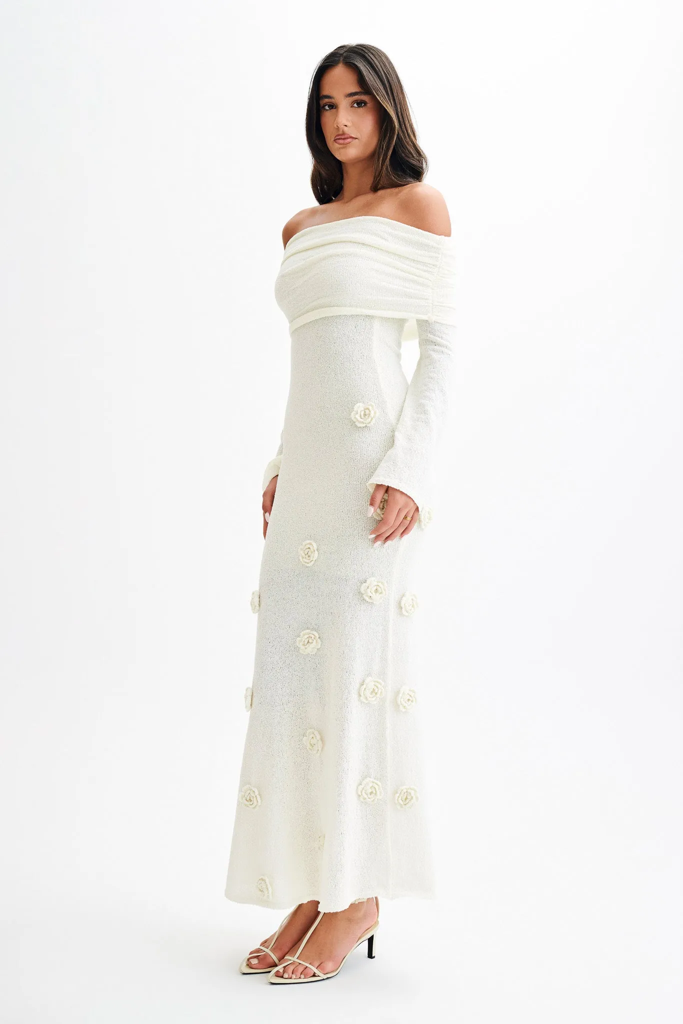 Kiki Off Shoulder Knit Rose Maxi Dress - Ivory sold by Meshki product image thumbnail 5