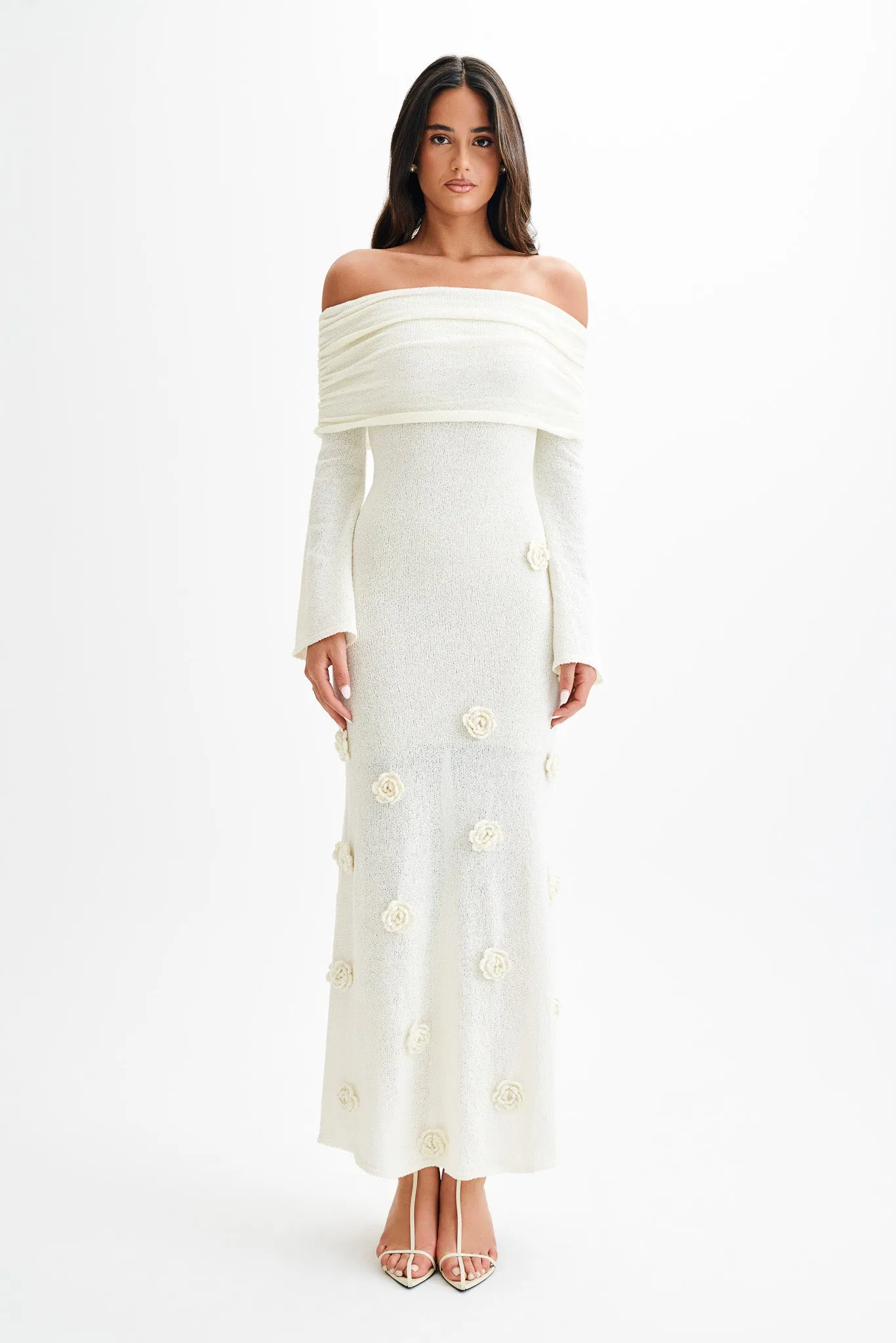 Kiki Off Shoulder Knit Rose Maxi Dress - Ivory sold by Meshki product image thumbnail 2