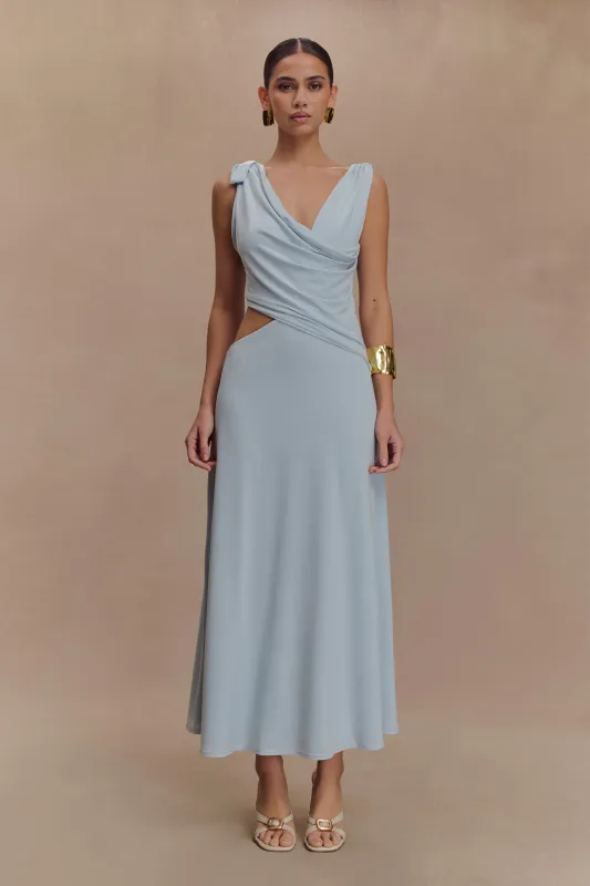 Raleigh Asymmetrical Slinky Midi Dress - Pale Blue sold by Meshki