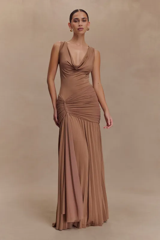 Dania Cowl Neck Slinky Maxi Dress - Mocha Mousse sold by Meshki