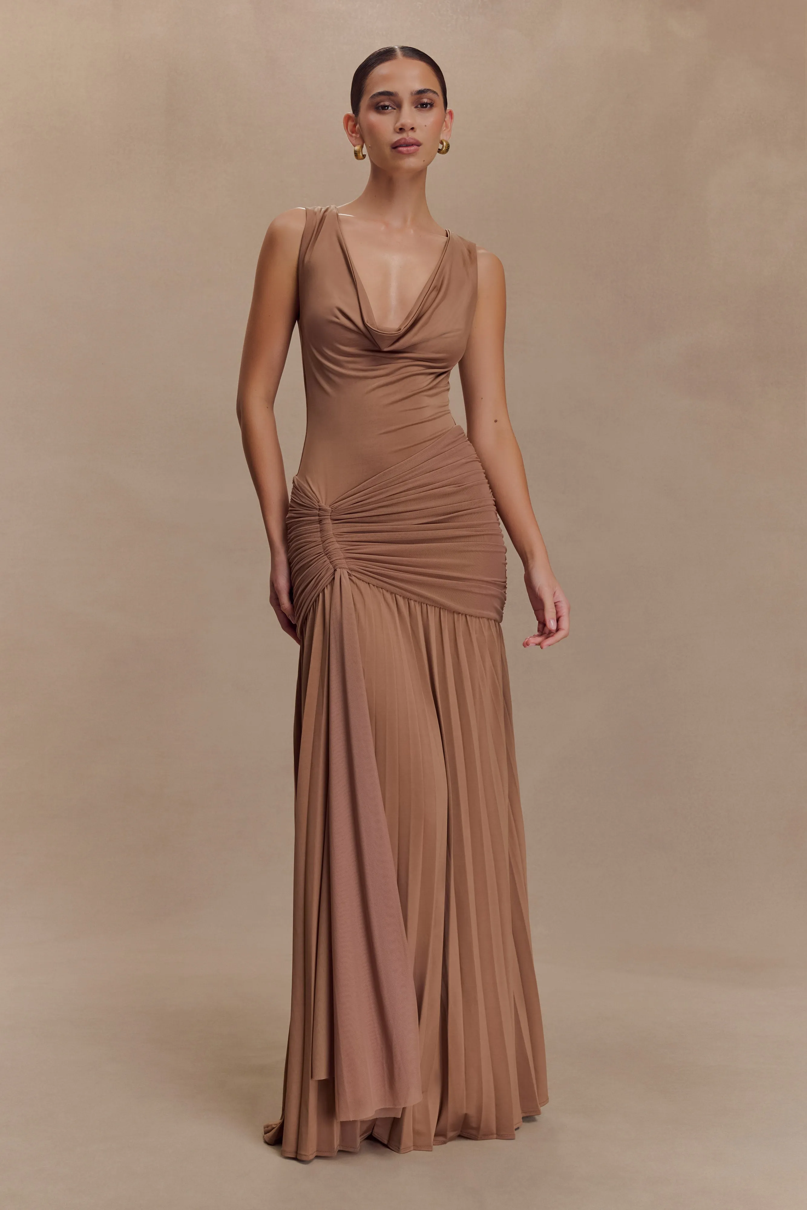Dania Cowl Neck Slinky Maxi Dress - Mocha Mousse sold by Meshki